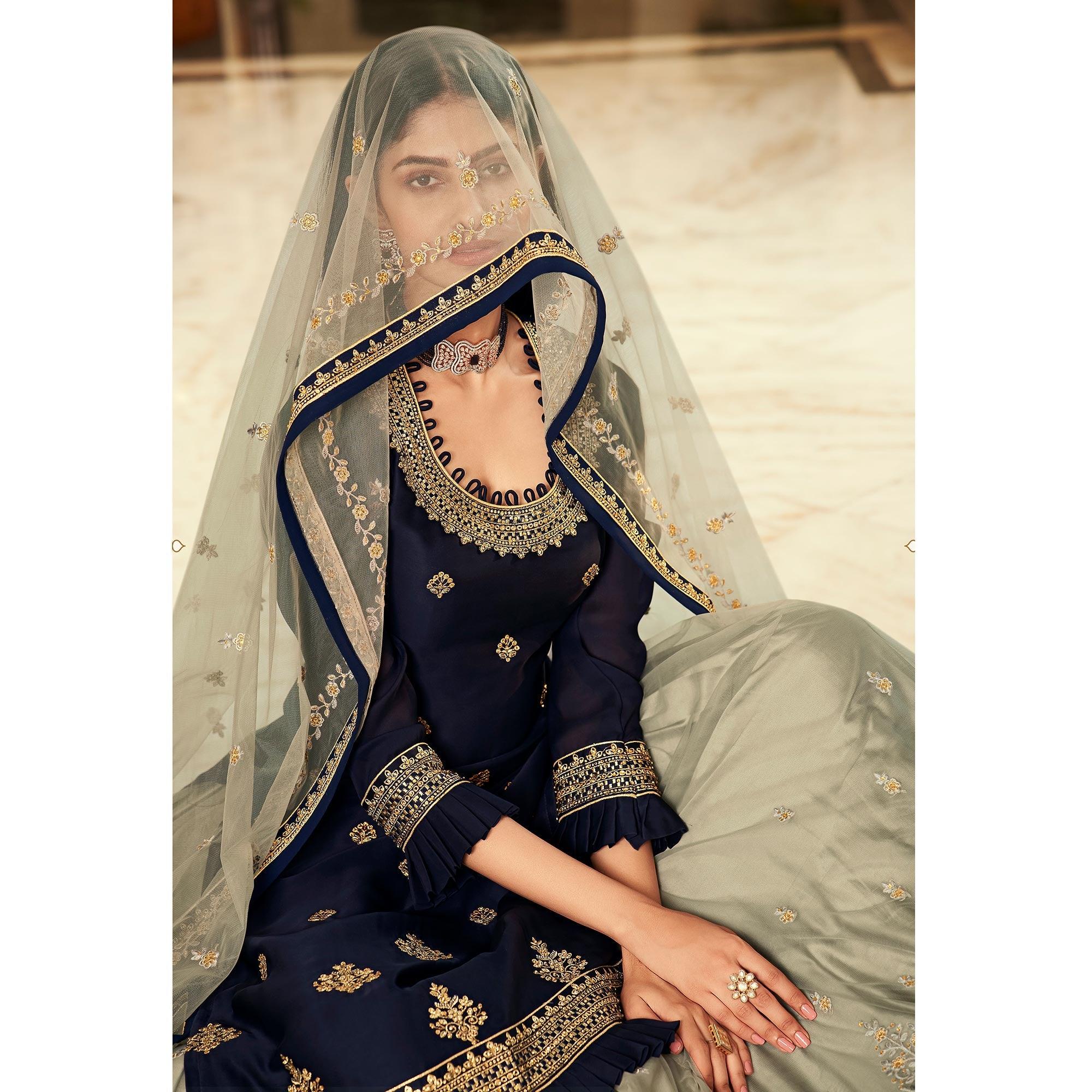 Grey Partywear Embroidered Net Lehenga Choli - Peachmode