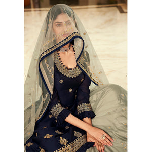 Grey Partywear Embroidered Net Lehenga Choli - Peachmode