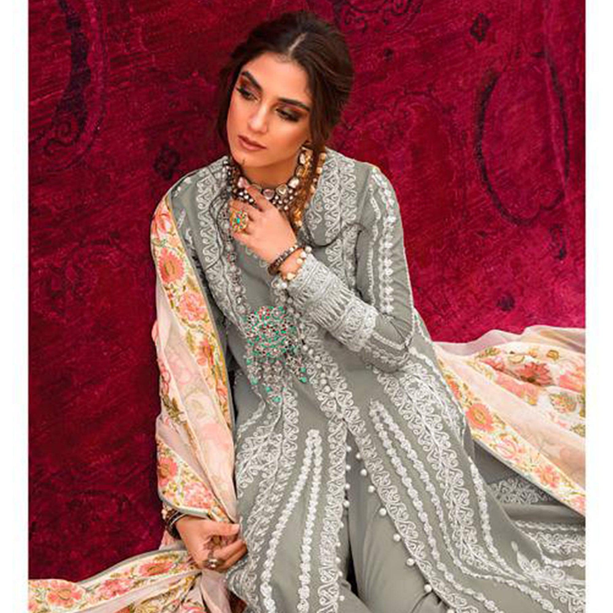 Grey Partywear Embroidered Pure Cotton Pakistani Suit - Peachmode
