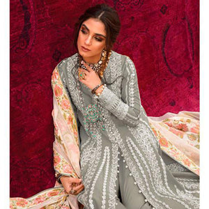 Grey Partywear Embroidered Pure Cotton Pakistani Suit - Peachmode