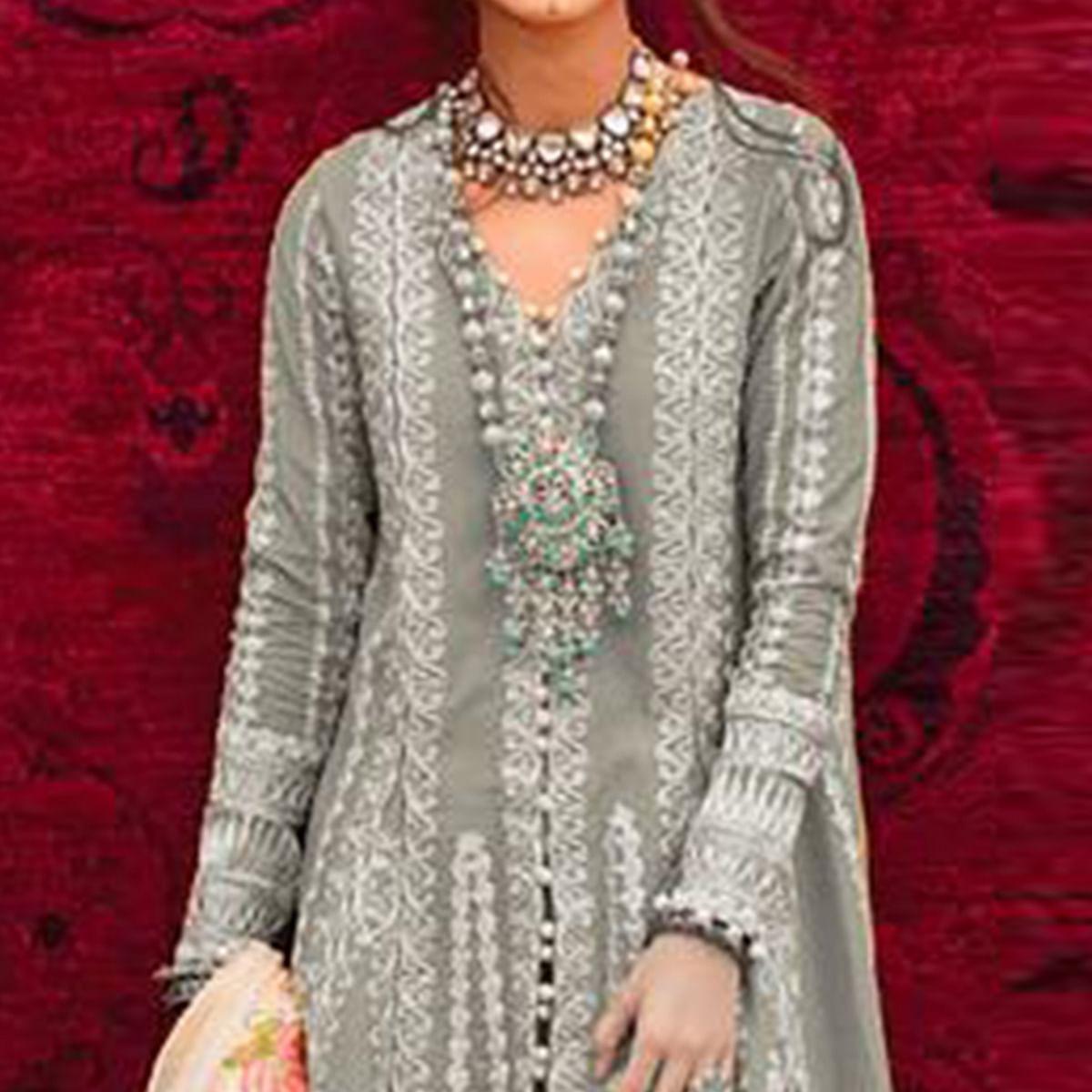 Grey Partywear Embroidered Pure Cotton Pakistani Suit - Peachmode