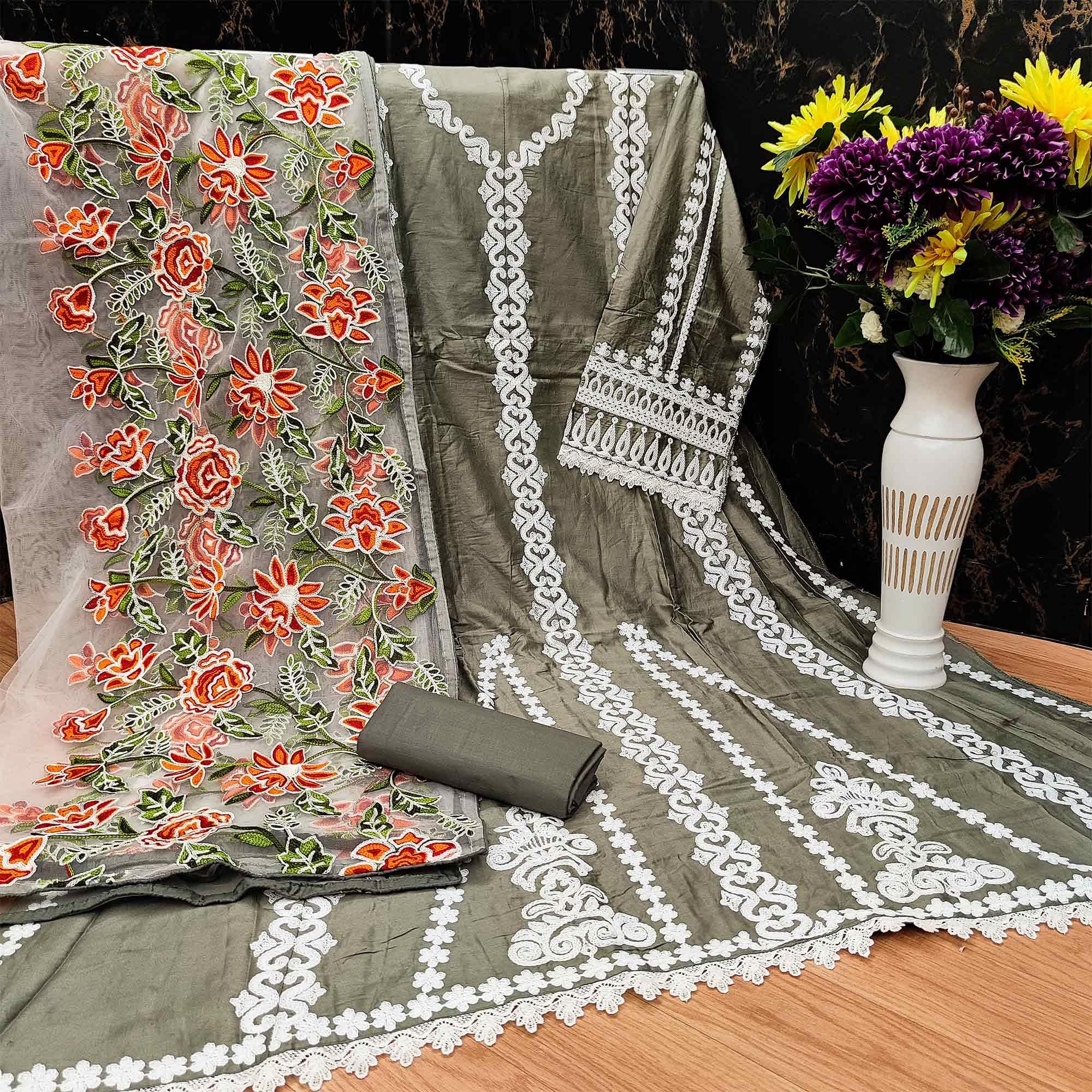 Grey Partywear Embroidered Pure Cotton Pakistani Suit - Peachmode