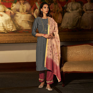 Grey Partywear Embroidered Pure Viscose Silk Suit - Peachmode