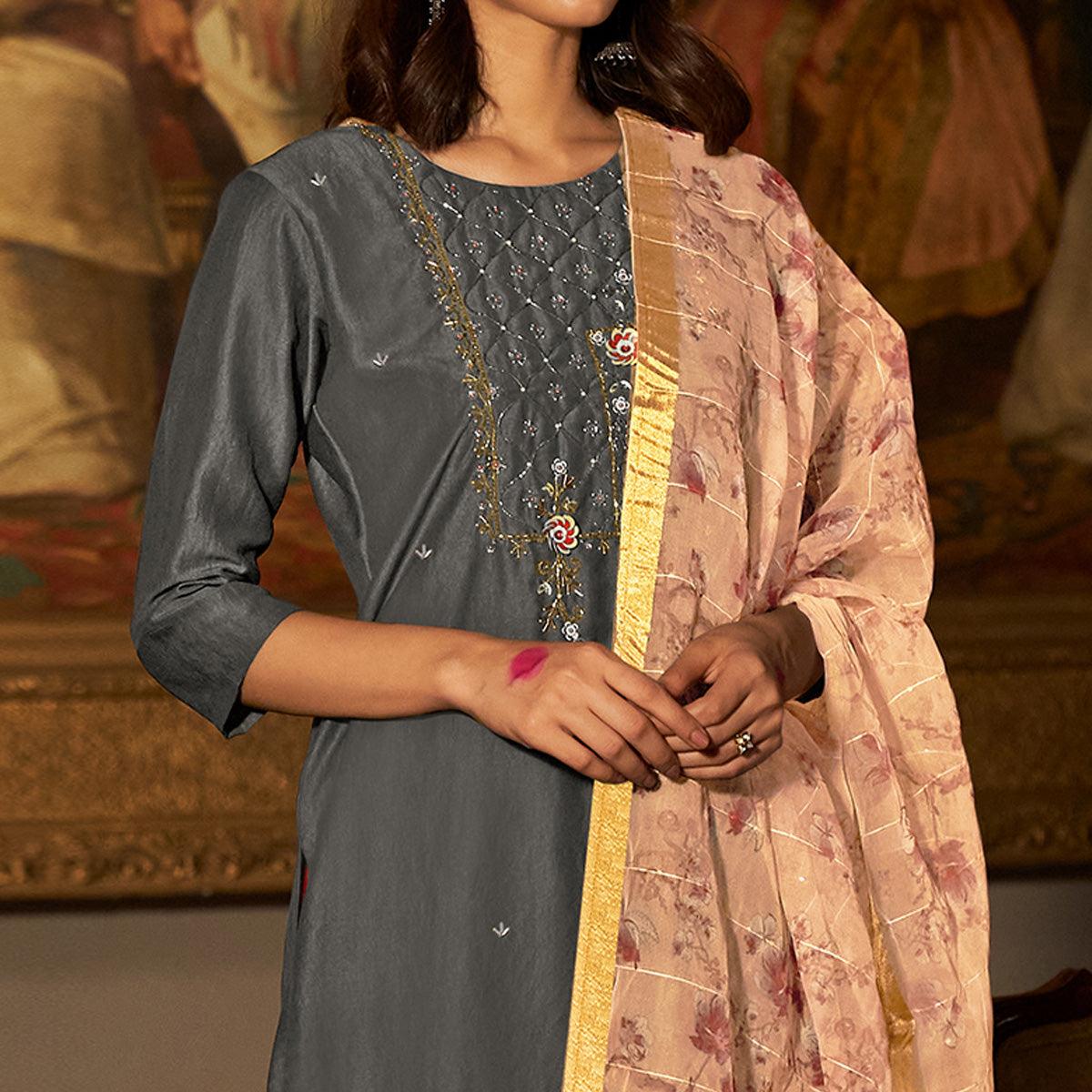 Grey Partywear Embroidered Pure Viscose Silk Suit - Peachmode