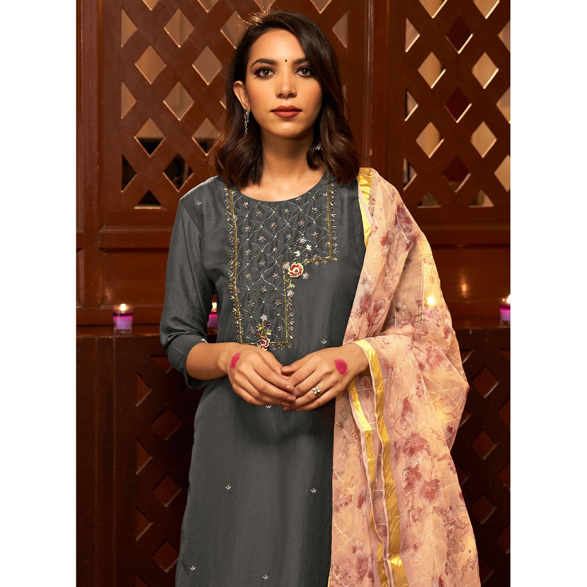Grey Partywear Embroidered Pure Viscose Silk Suit - Peachmode