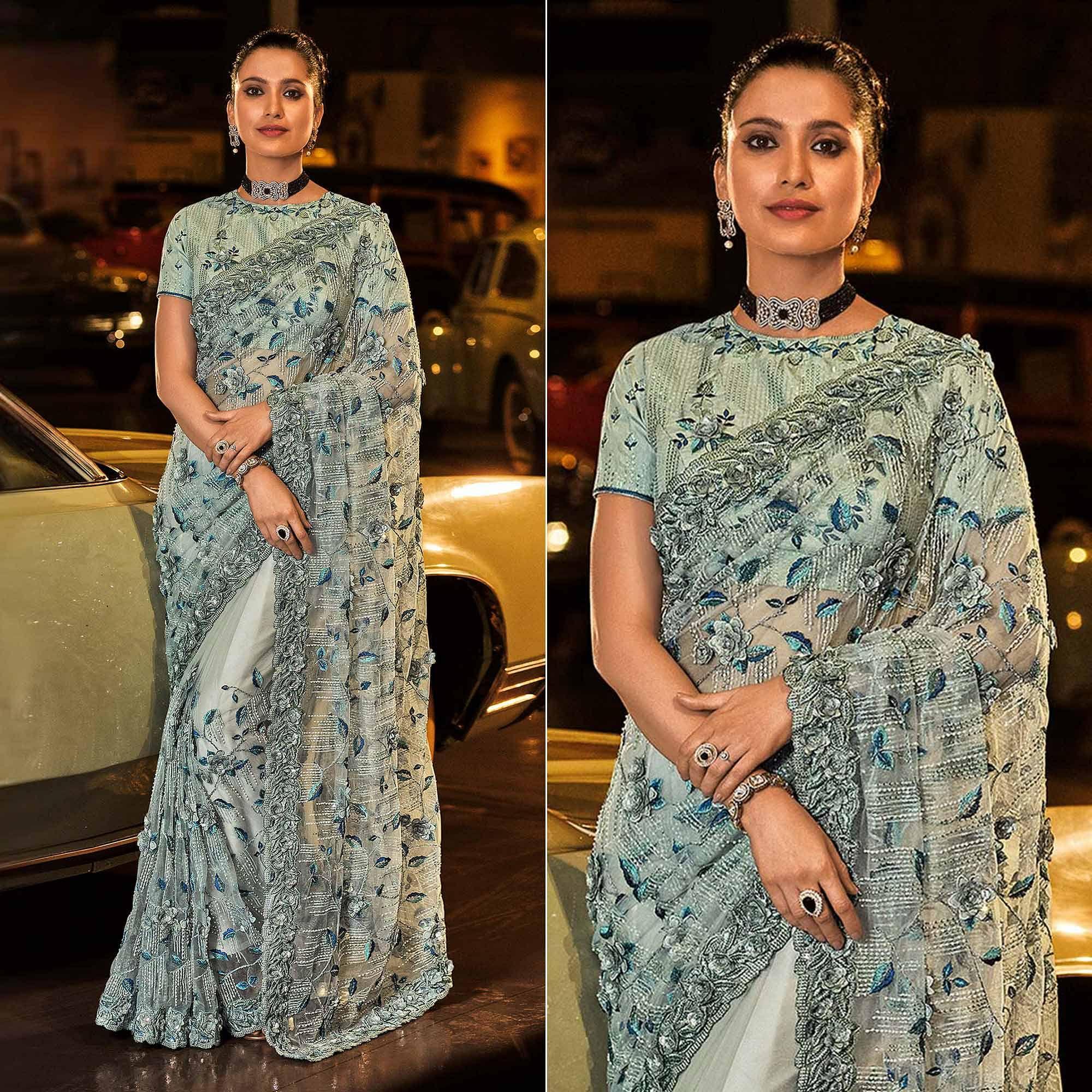 Grey Partywear Embroidered Sequence Embellished Net Saree - Peachmode