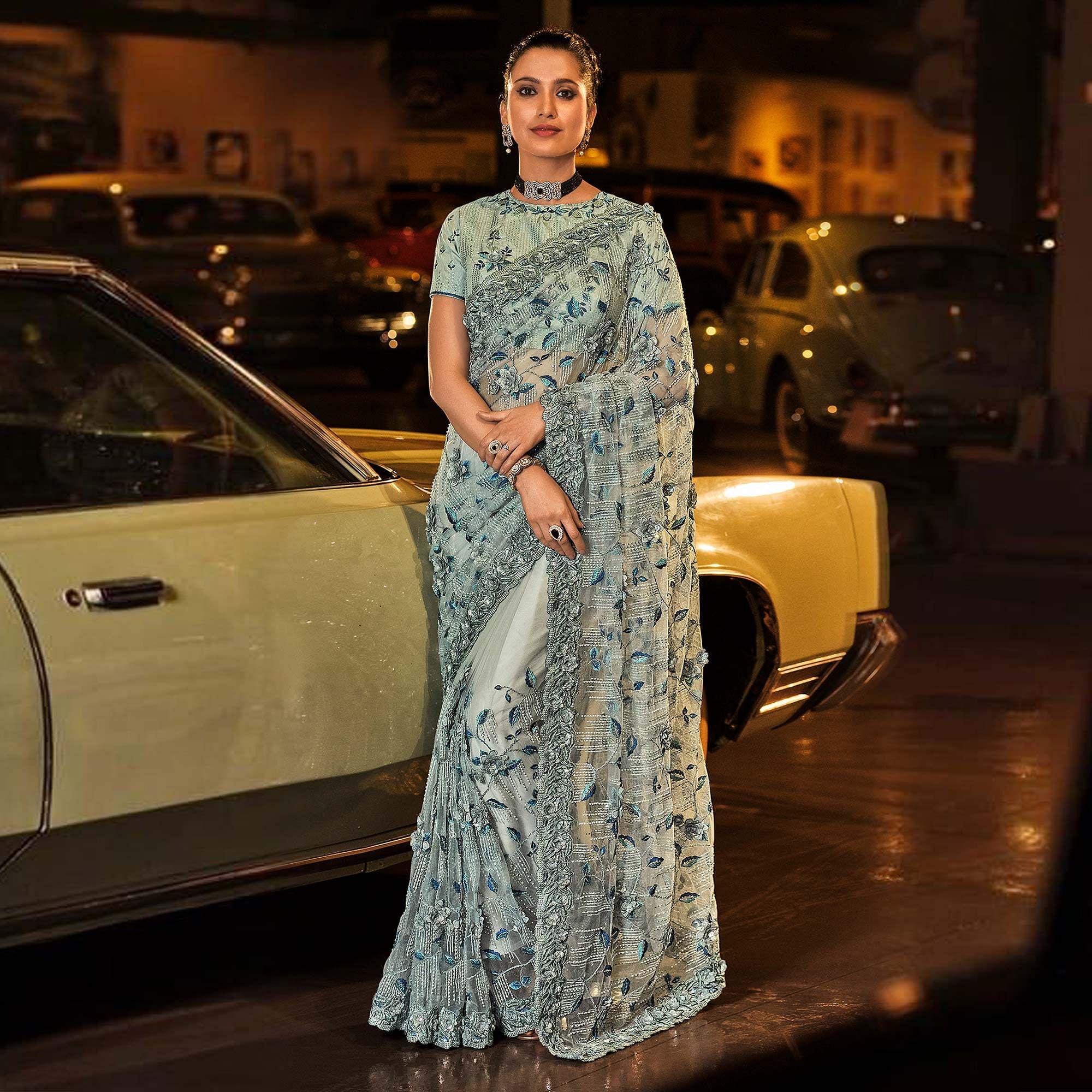 Grey Partywear Embroidered Sequence Embellished Net Saree - Peachmode