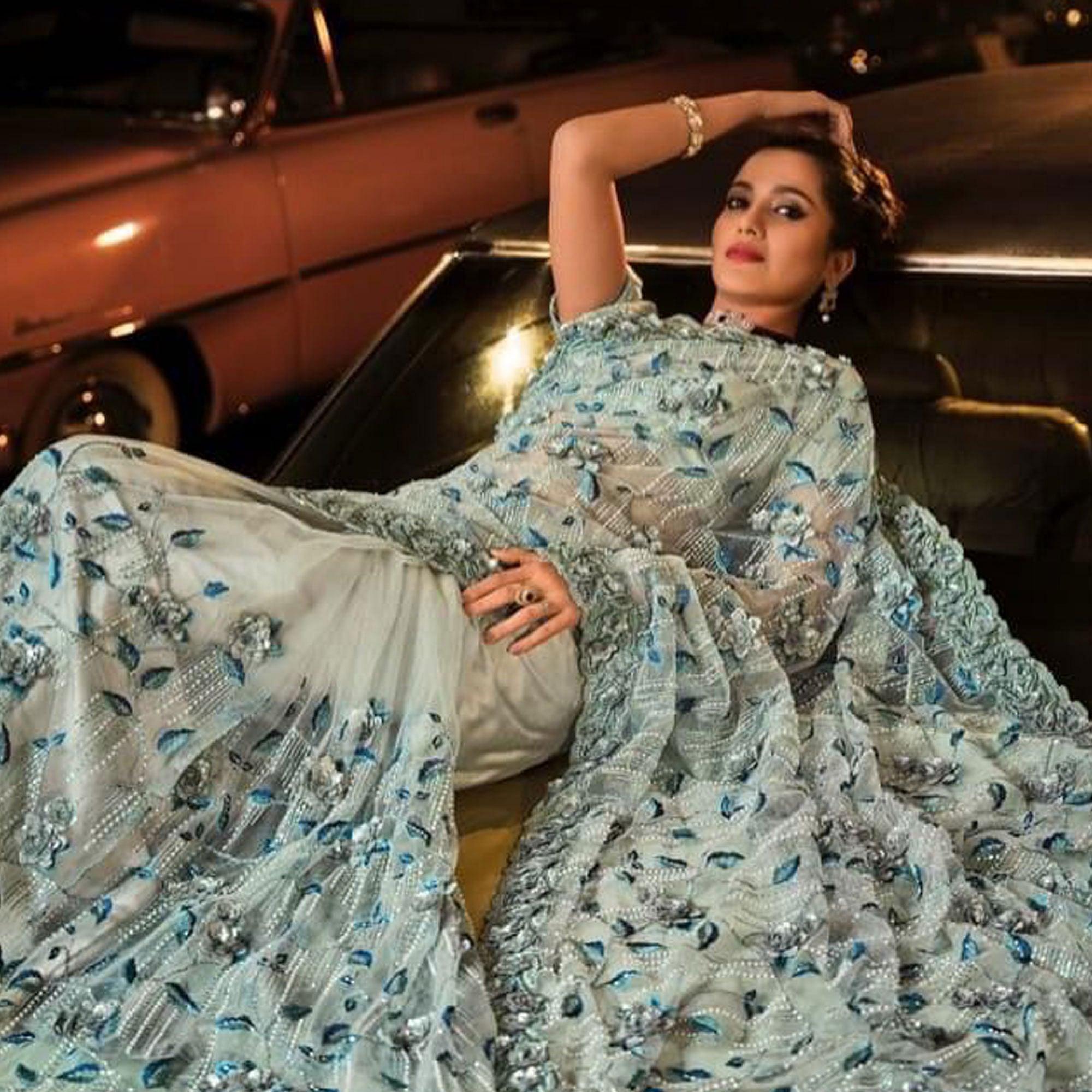 Grey Partywear Embroidered Sequence Embellished Net Saree - Peachmode