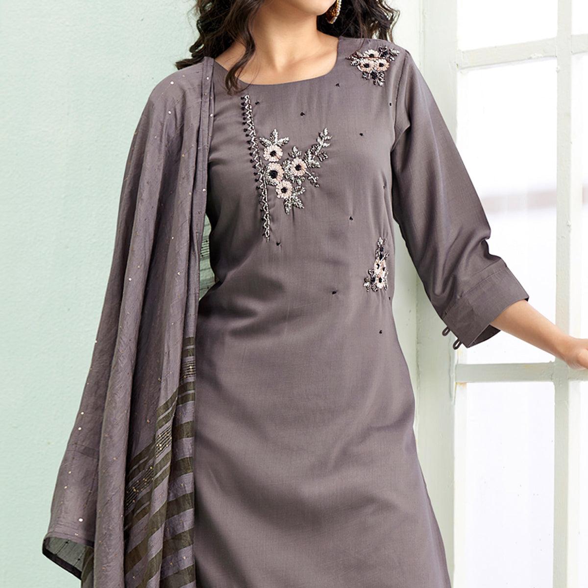 Grey Partywear Embroidered Silk Palazzo Suit With Dupatta - Peachmode