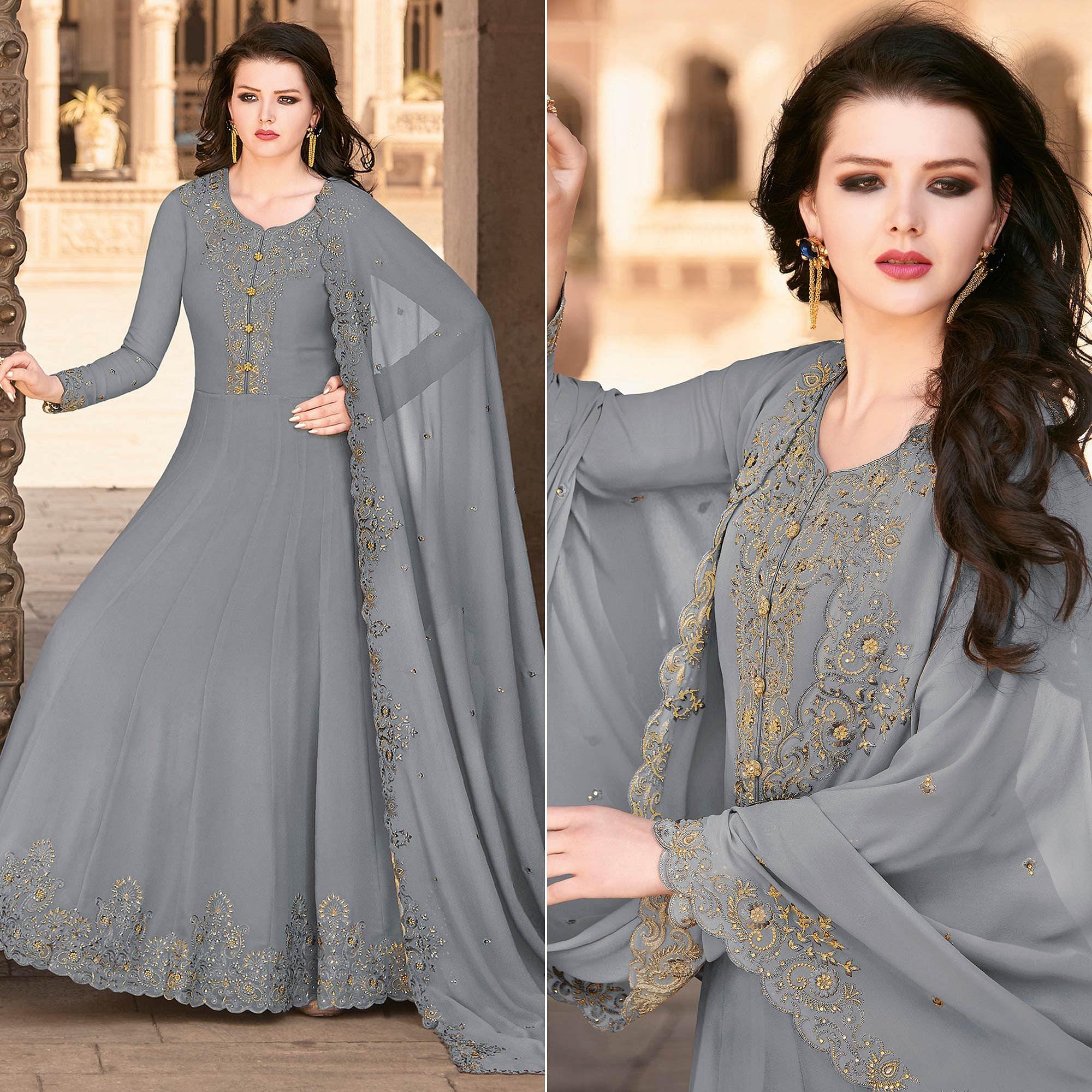 Grey Partywear Embroidered Soft Georgette Suit - Peachmode
