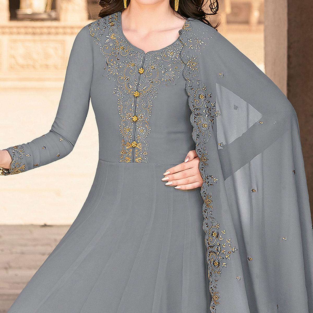 Grey Partywear Embroidered Soft Georgette Suit - Peachmode