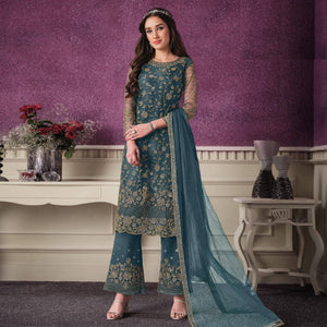Grey Partywear Embroidered Soft Net Suit - Peachmode