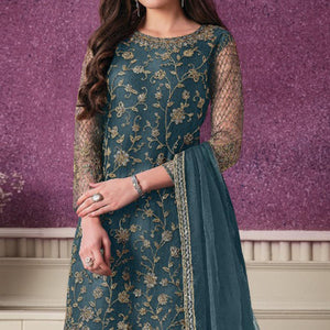 Grey Partywear Embroidered Soft Net Suit - Peachmode