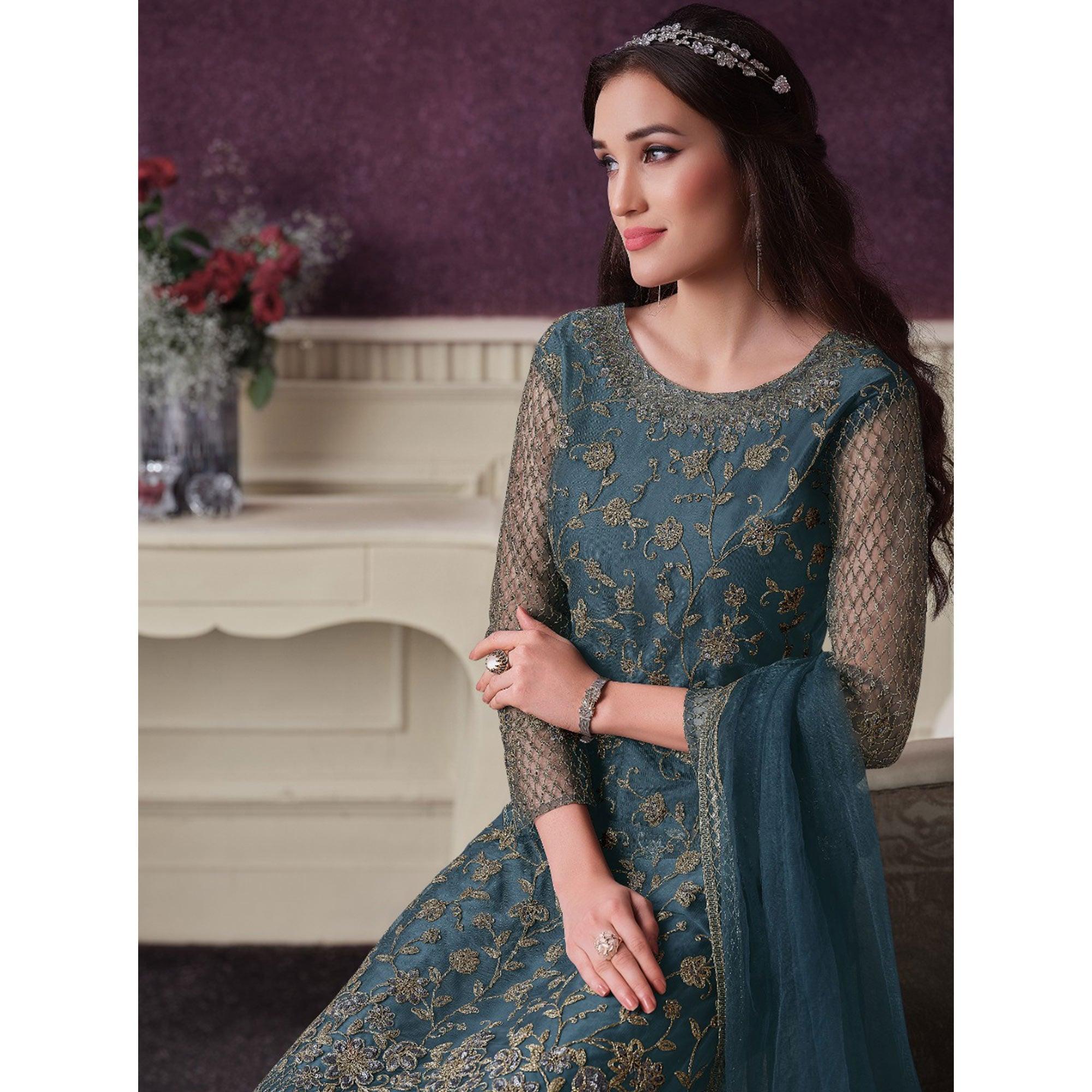 Grey Partywear Embroidered Soft Net Suit - Peachmode
