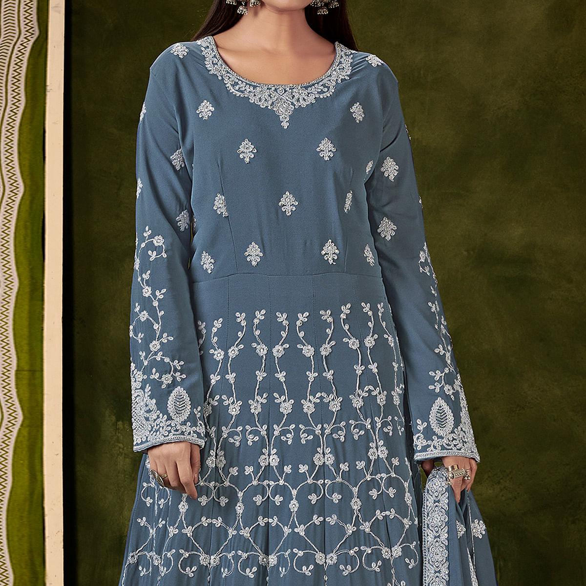 Grey Partywear Embroidered With Embellished Georgette Gown - Peachmode