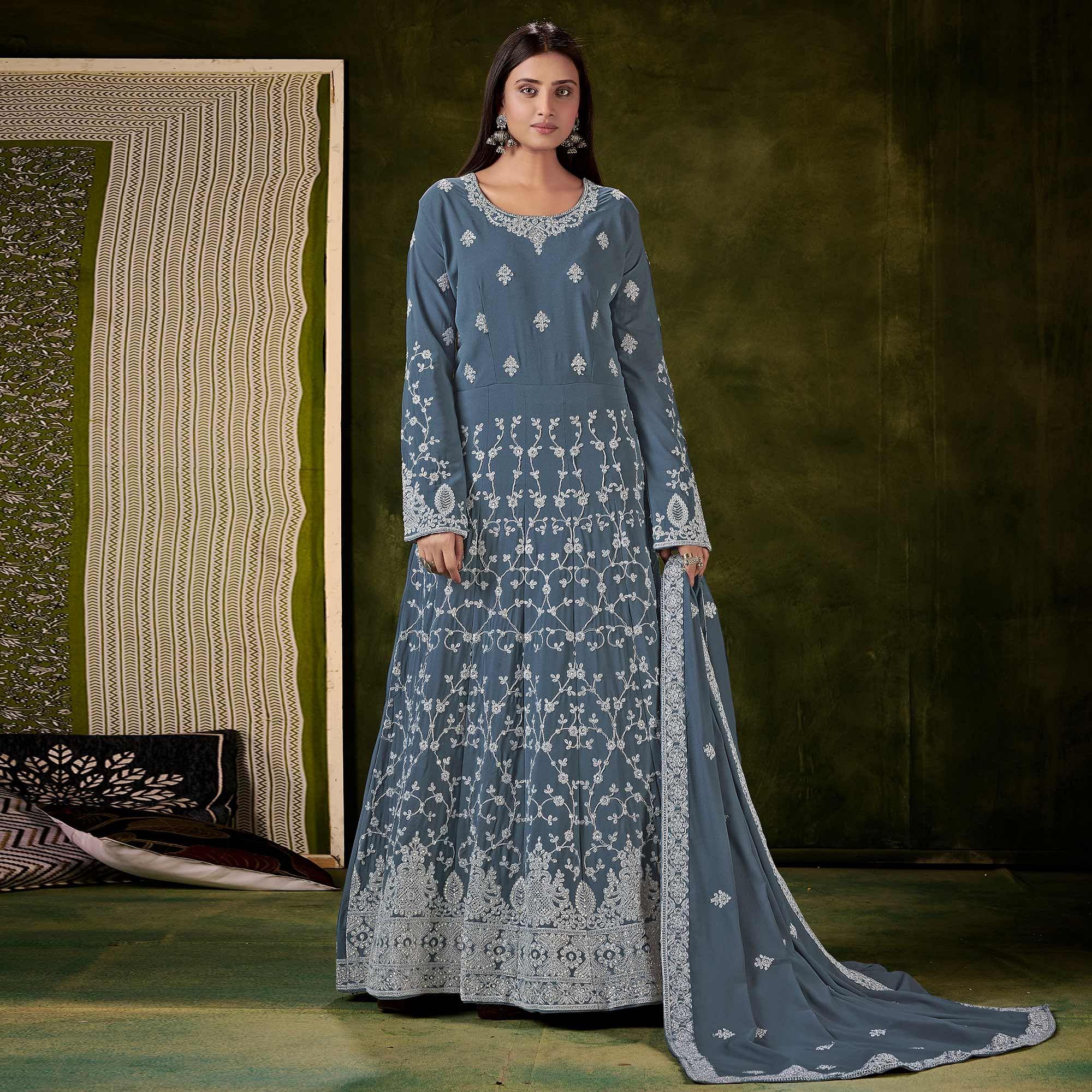Grey Partywear Embroidered With Embellished Georgette Gown - Peachmode