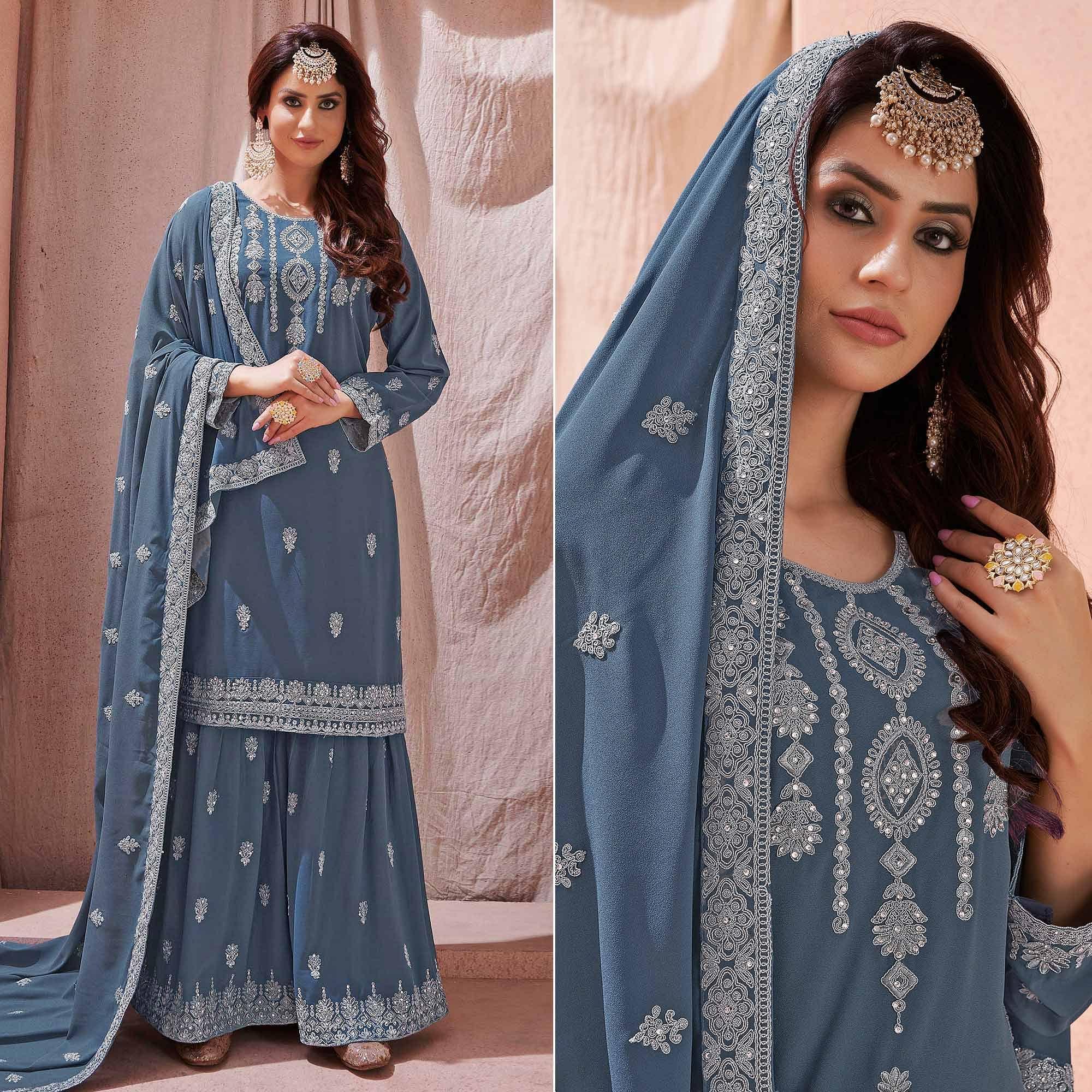 Grey Partywear Embroidered With Embellished Georgette Sharara Suit - Peachmode