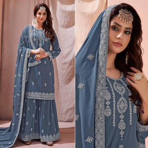 Grey Partywear Embroidered With Embellished Georgette Sharara Suit - Peachmode