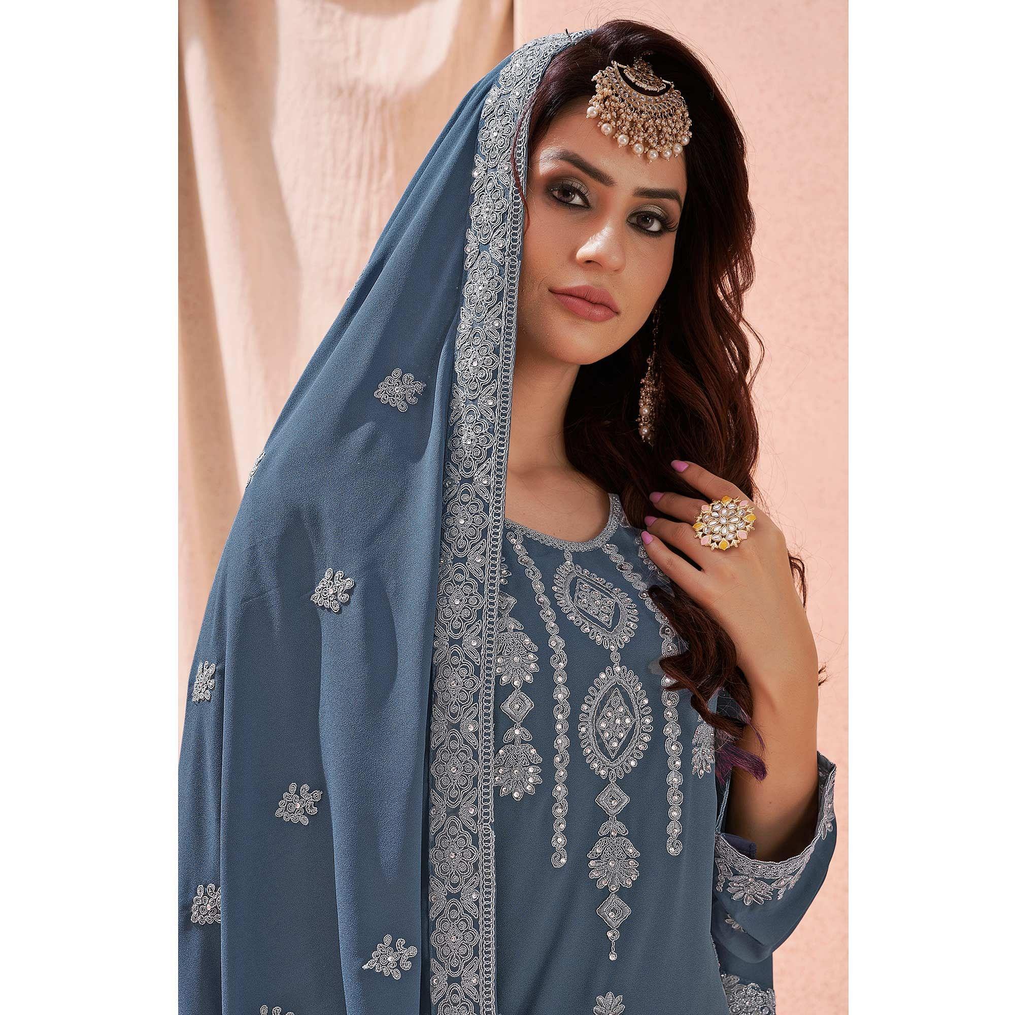 Grey Partywear Embroidered With Embellished Georgette Sharara Suit - Peachmode