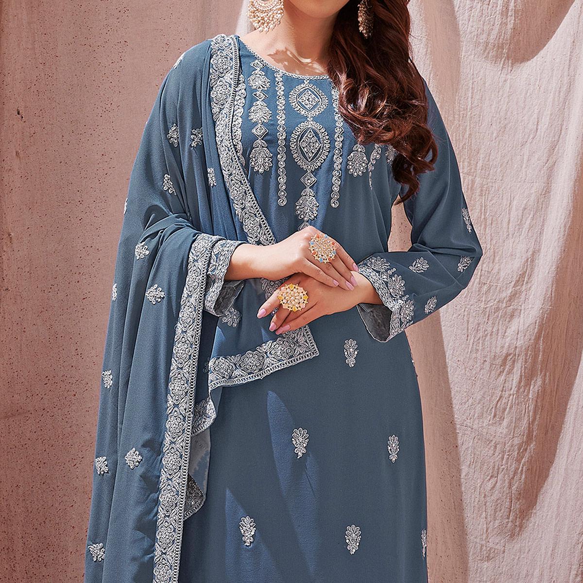 Grey Partywear Embroidered With Embellished Georgette Sharara Suit - Peachmode