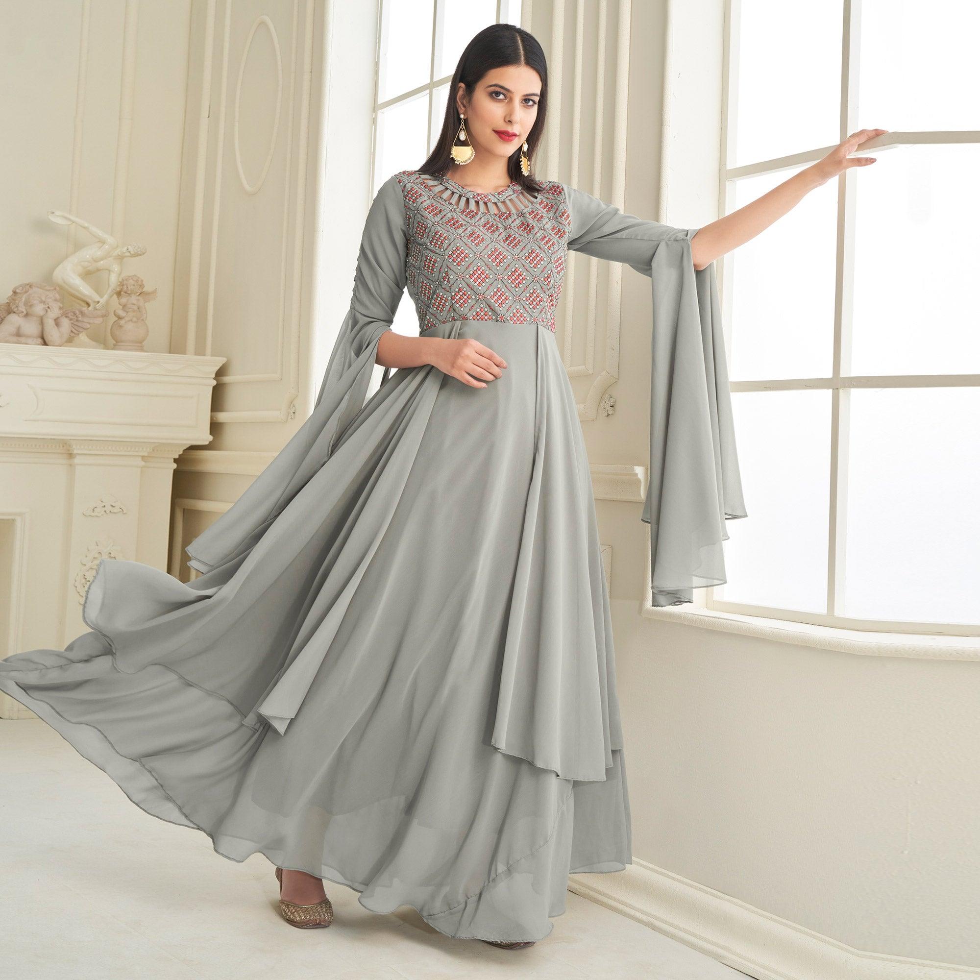 Grey Partywear Embroidered with Handwork Heavy Georgette Gown - Peachmode