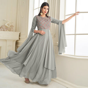 Grey Partywear Embroidered with Handwork Heavy Georgette Gown - Peachmode