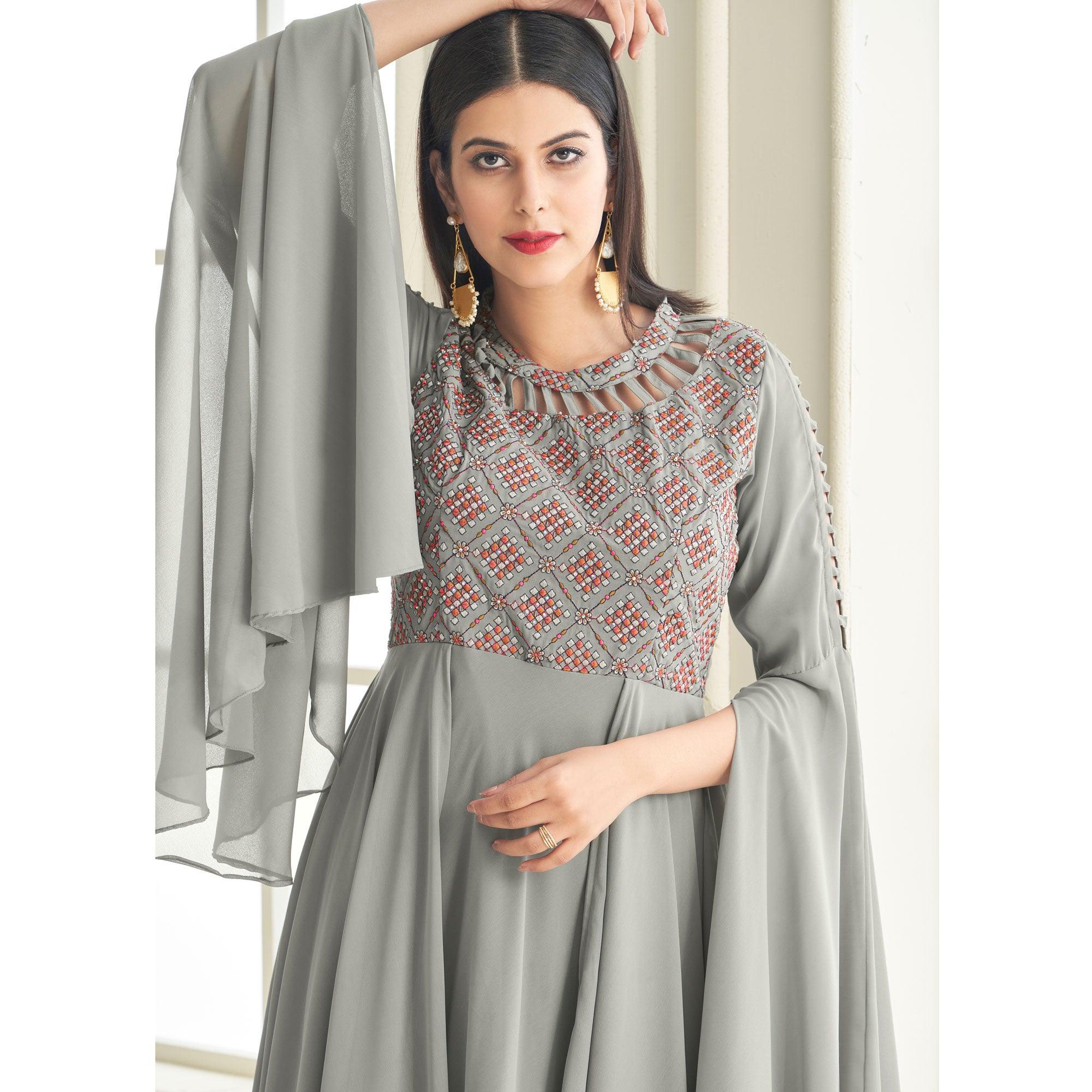 Grey Partywear Embroidered with Handwork Heavy Georgette Gown - Peachmode
