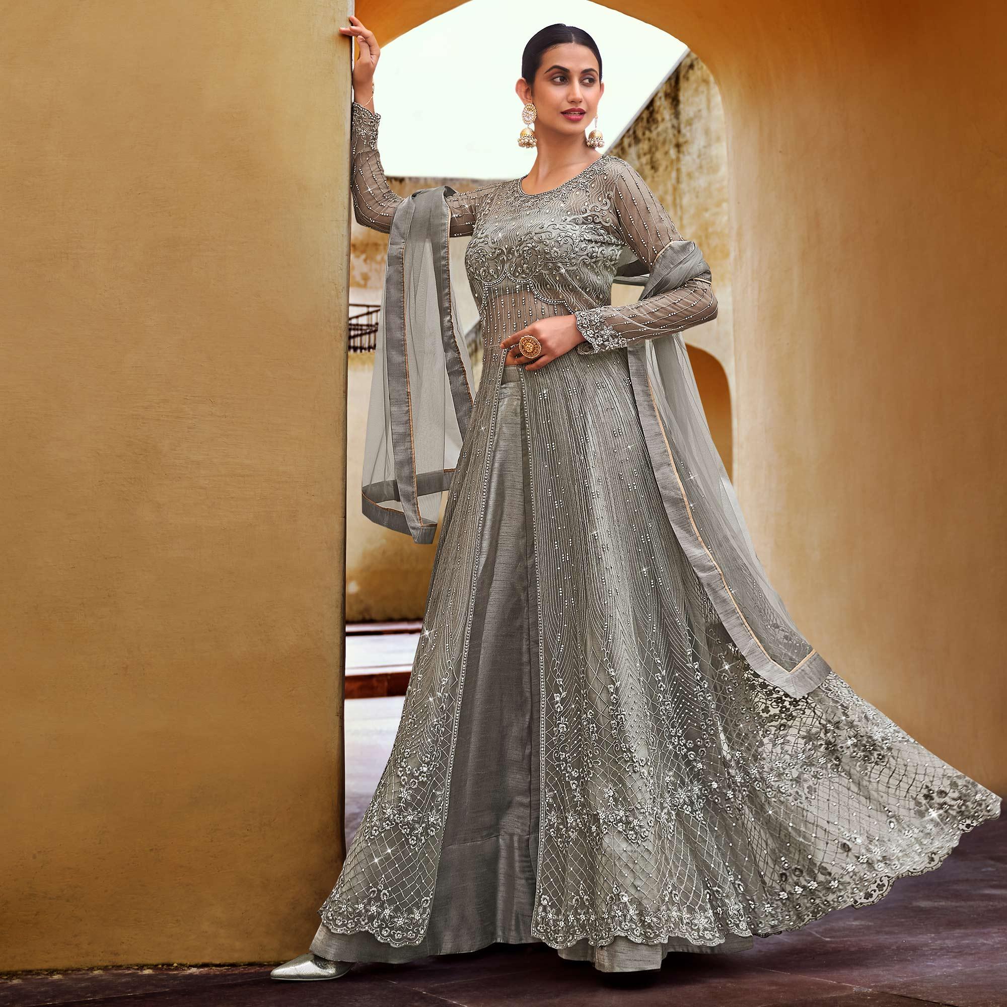 Grey Partywear Embroidered with Swarovski Soft Net Suit - Peachmode