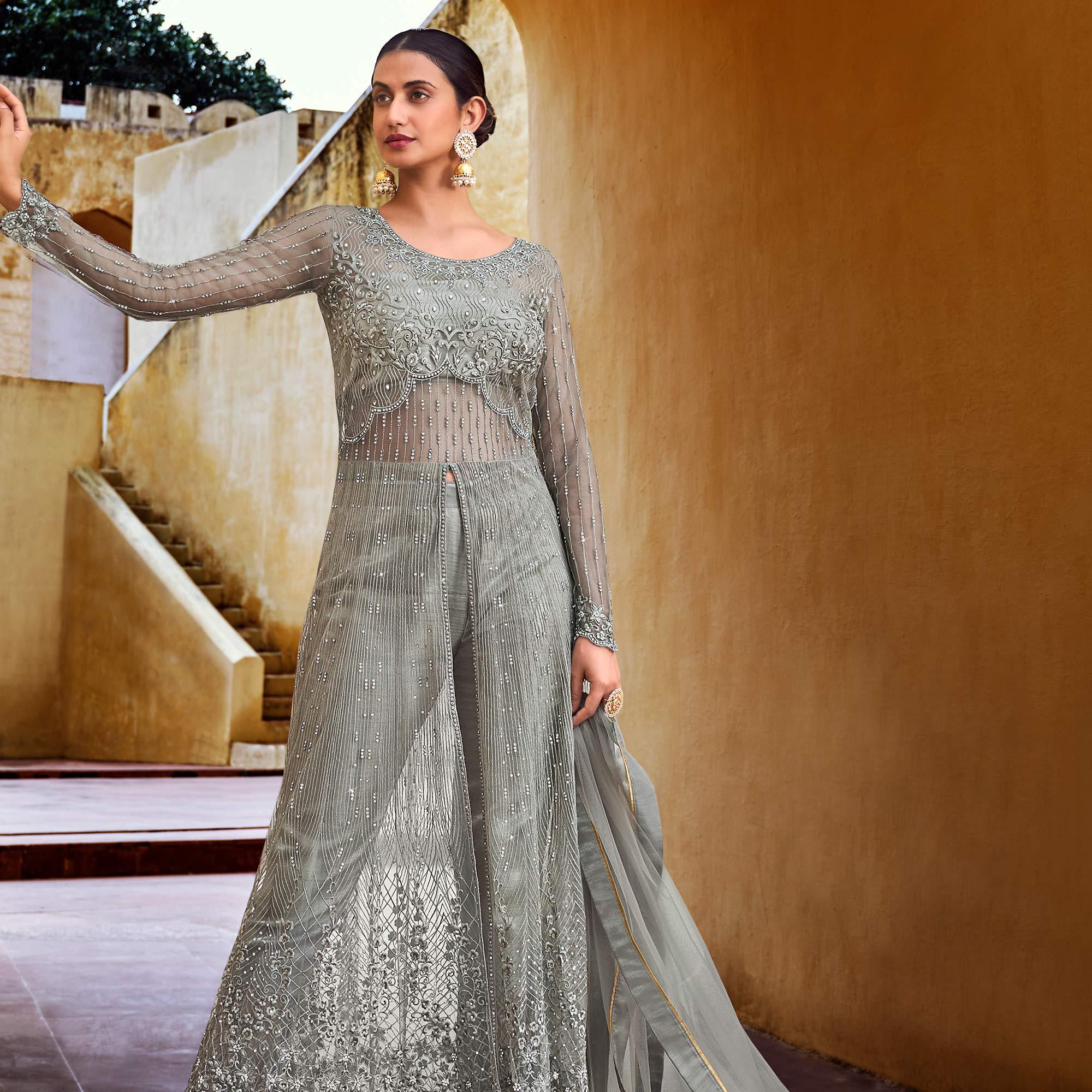 Grey Partywear Embroidered with Swarovski Soft Net Suit - Peachmode