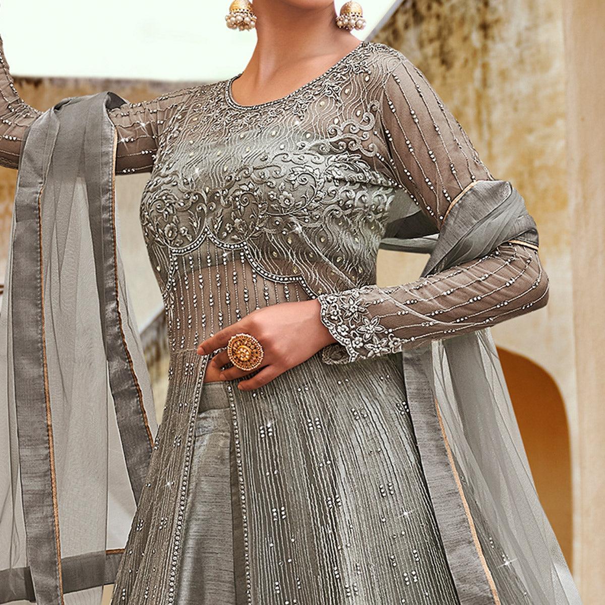 Grey Partywear Embroidered with Swarovski Soft Net Suit - Peachmode
