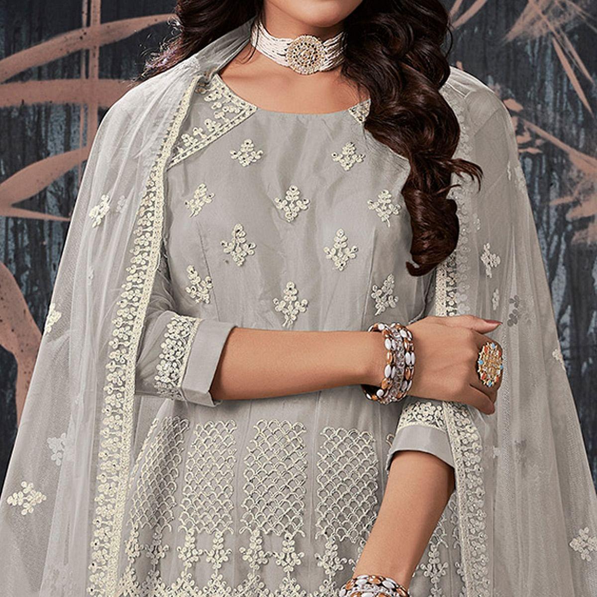 Grey Partywear Embroidery With Embellished Net Gown - Peachmode