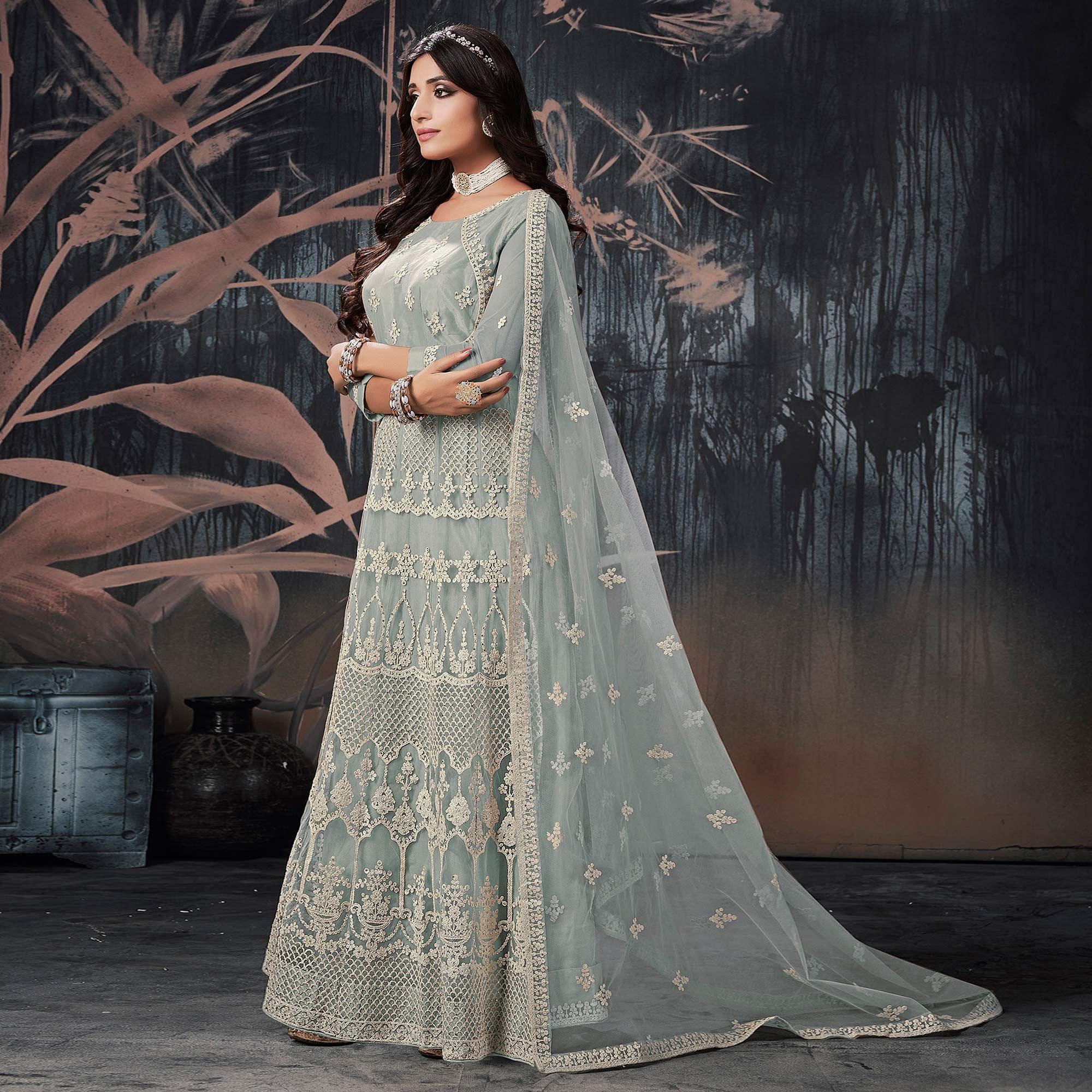 Grey Partywear Embroidery With Embellished Net Gown - Peachmode
