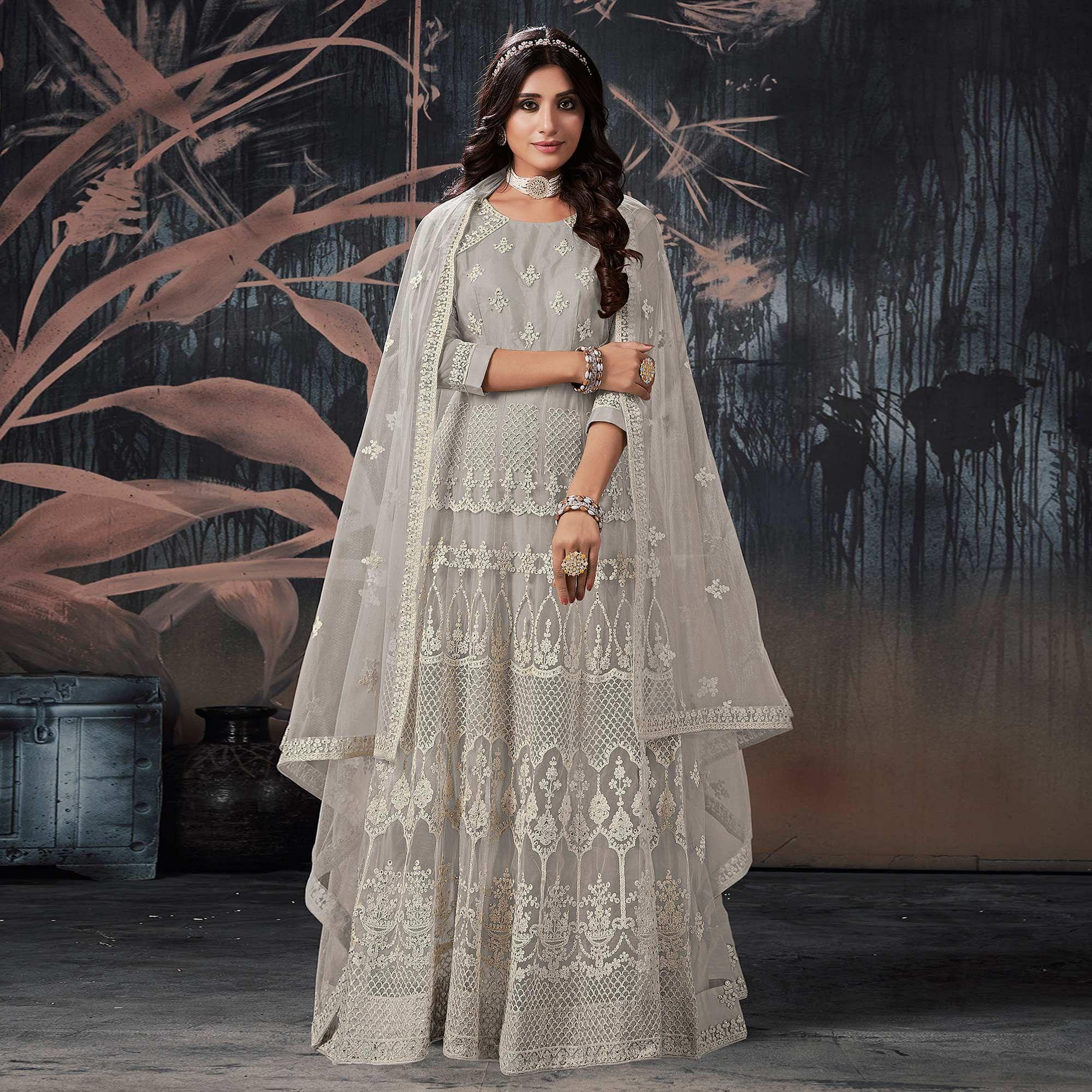 Grey Partywear Embroidery With Embellished Net Gown - Peachmode