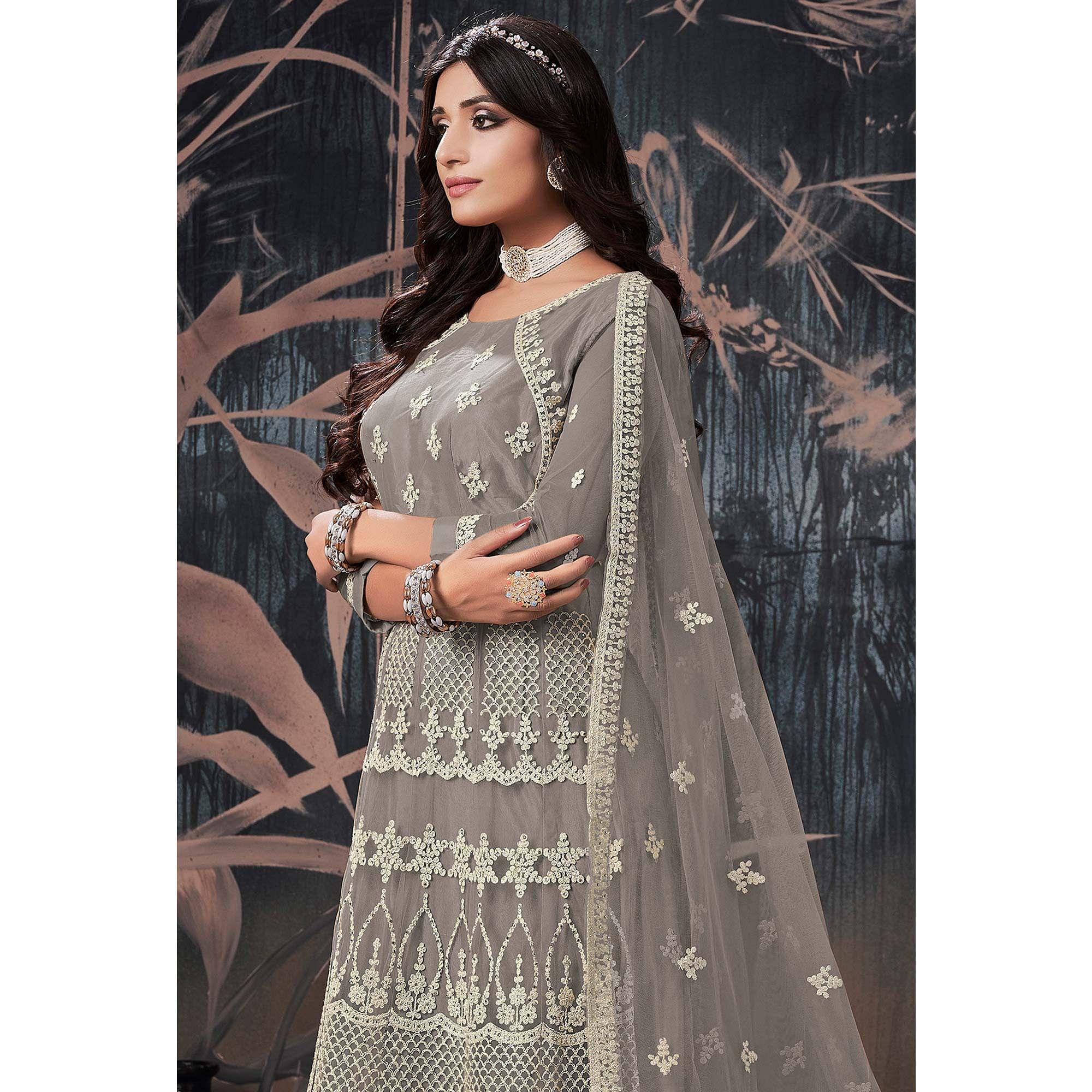 Grey Partywear Embroidery With Embellished Net Gown - Peachmode