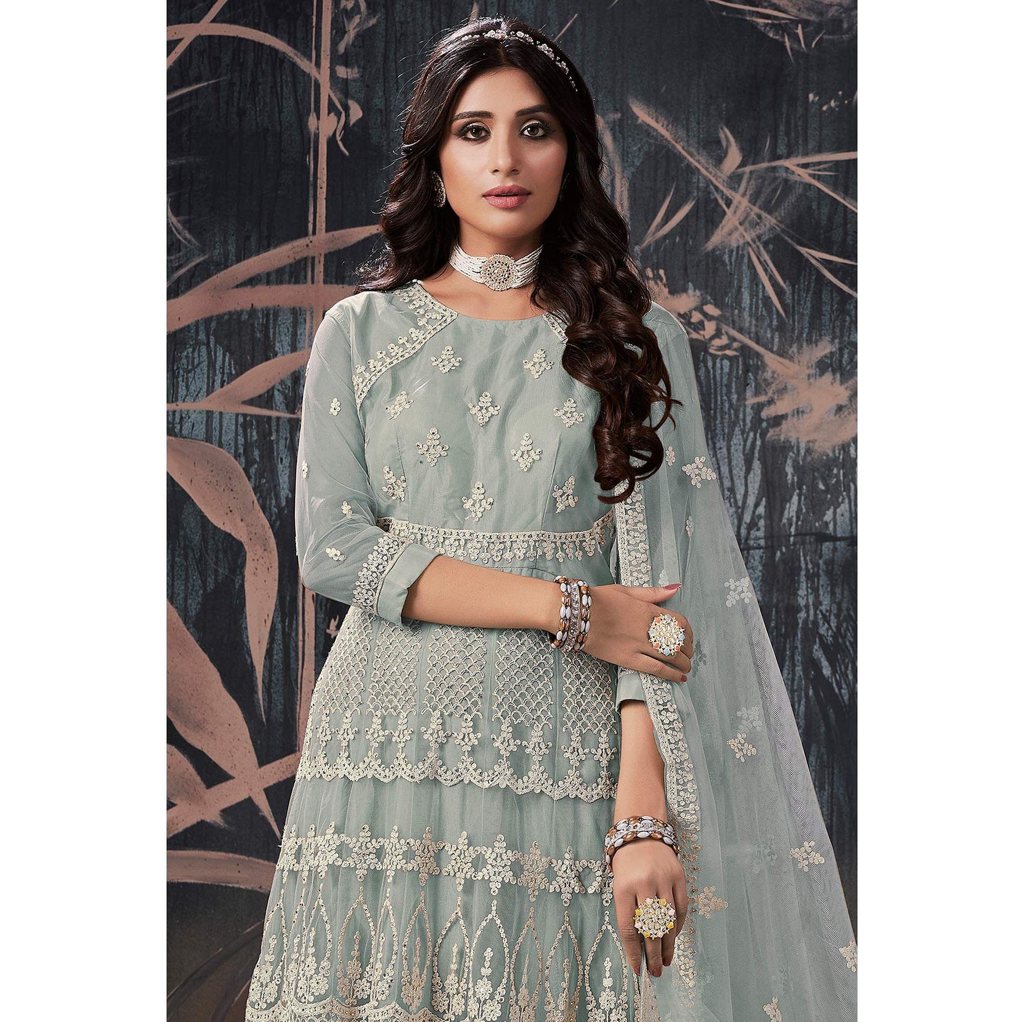 Grey Partywear Embroidery With Embellished Net Gown - Peachmode