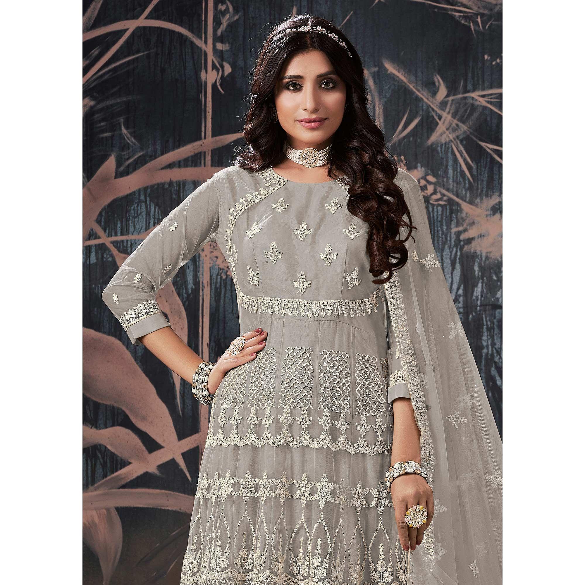 Grey Partywear Embroidery With Embellished Net Gown - Peachmode