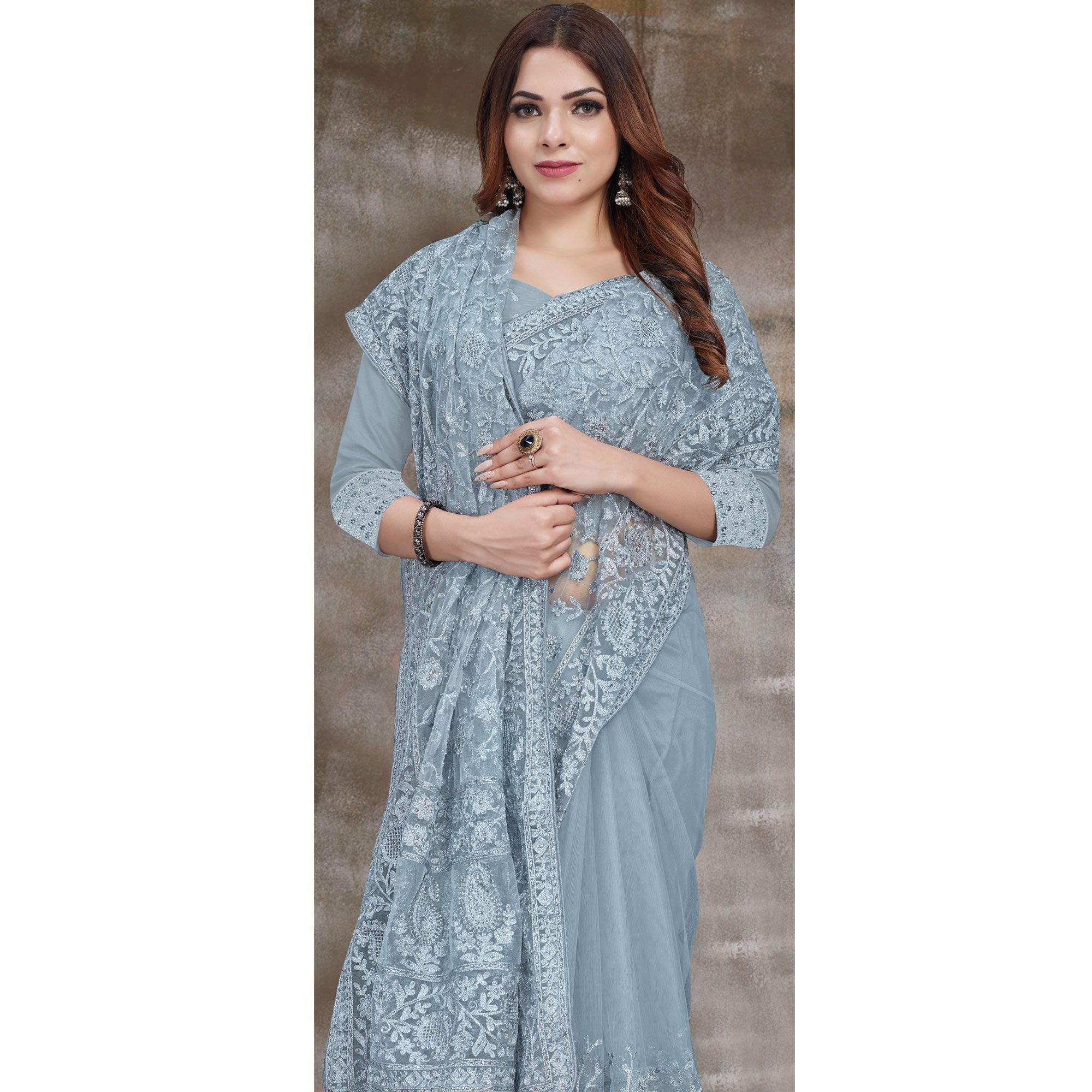 Grey Partywear Embroidery With Embellished Net Saree - Peachmode