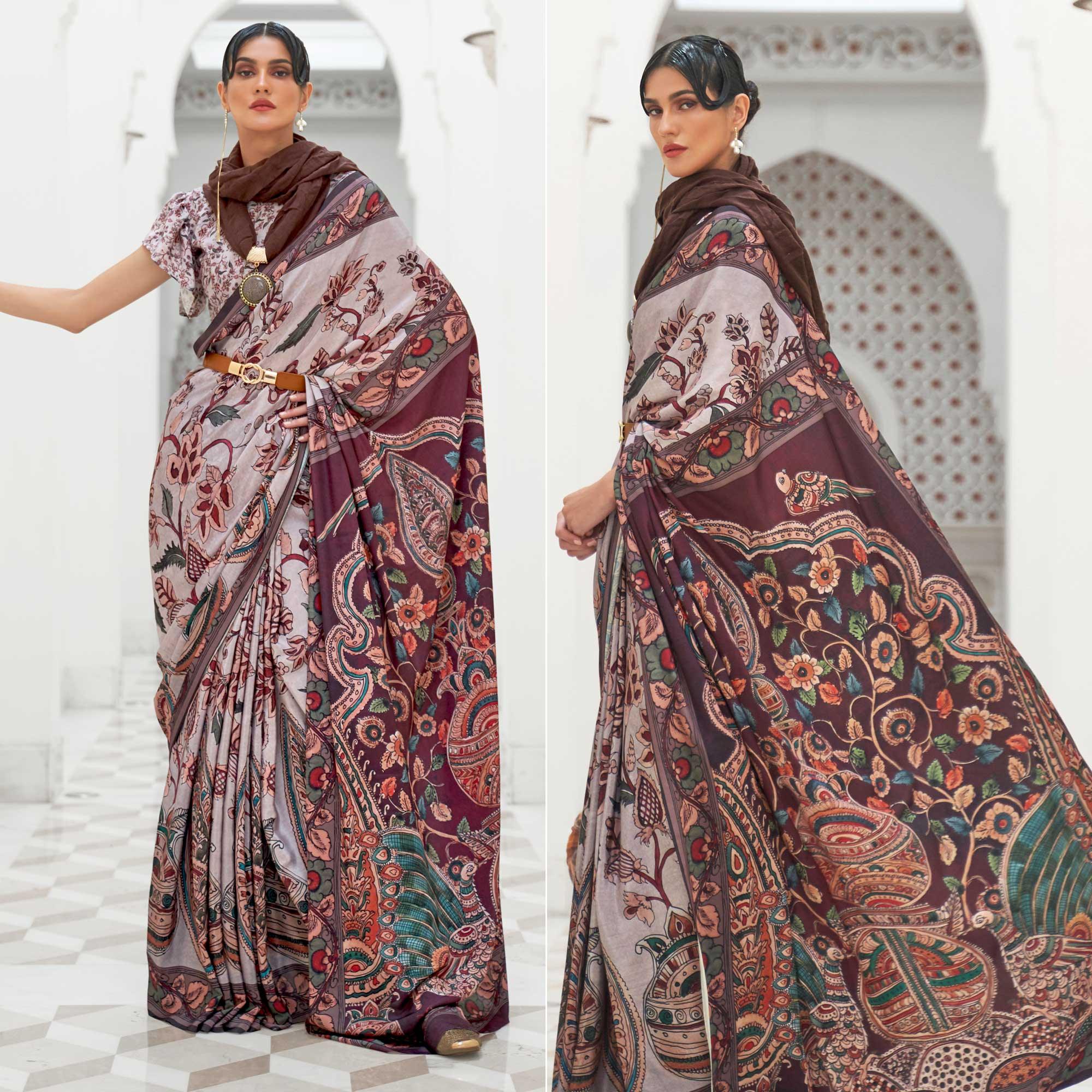 Grey Partywear Floral Digital Printed Silk Saree - Peachmode