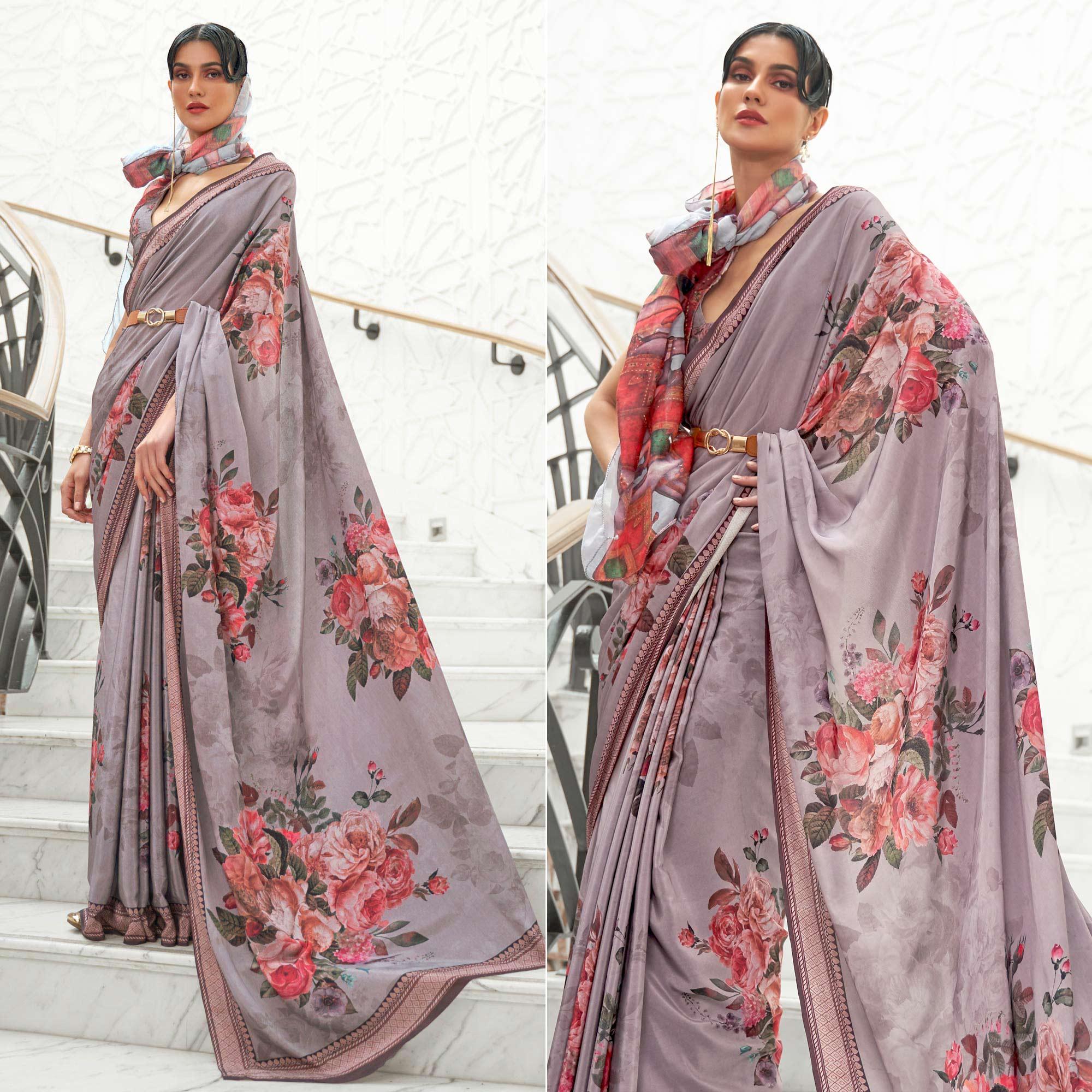 Grey Partywear Floral Digital Printed Silk Saree - Peachmode