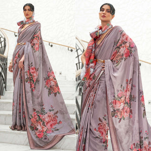 Grey Partywear Floral Digital Printed Silk Saree - Peachmode