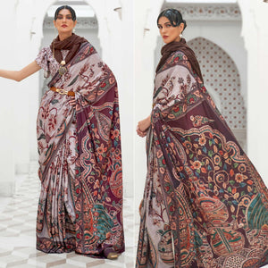 Grey Partywear Floral Digital Printed Silk Saree - Peachmode