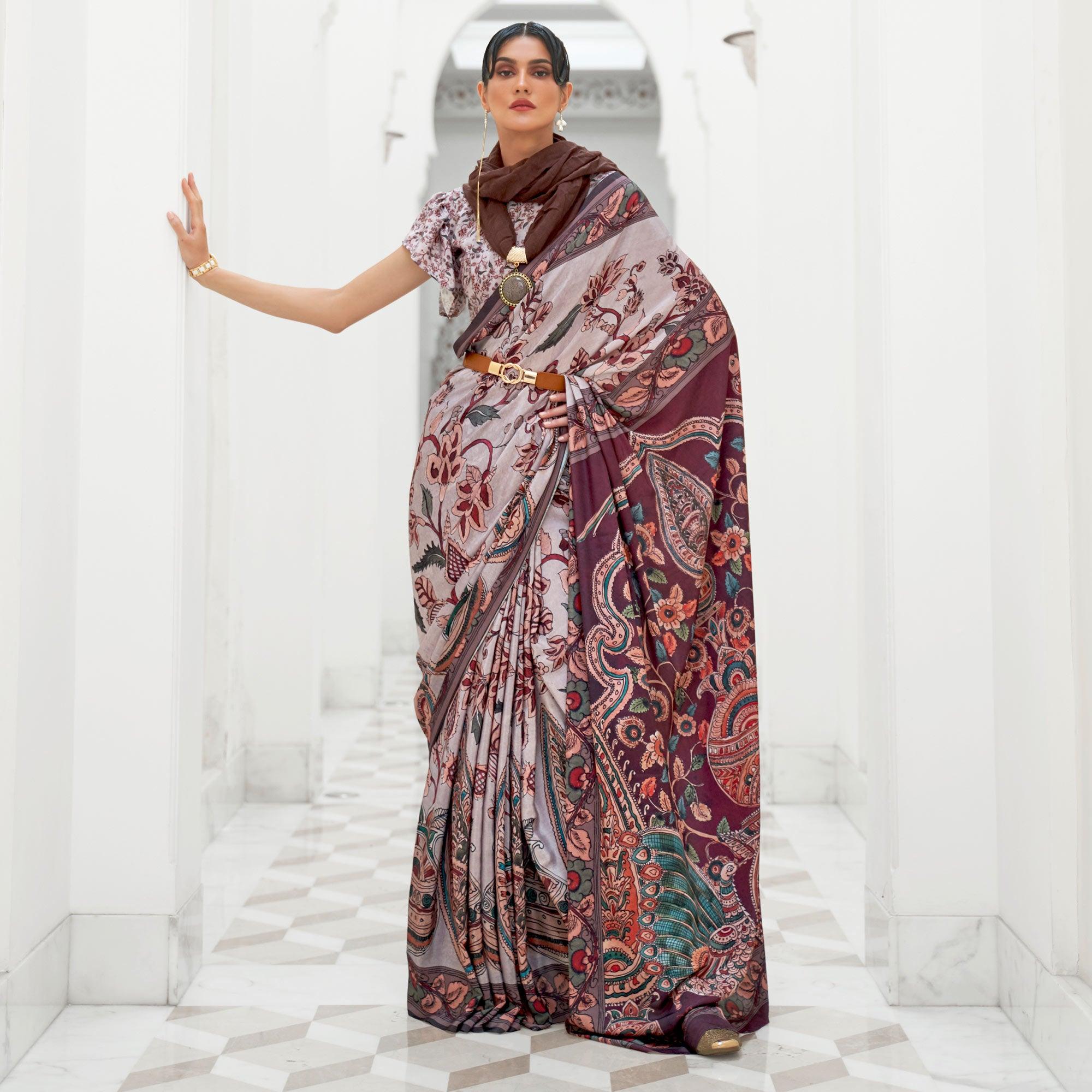 Grey Partywear Floral Digital Printed Silk Saree - Peachmode