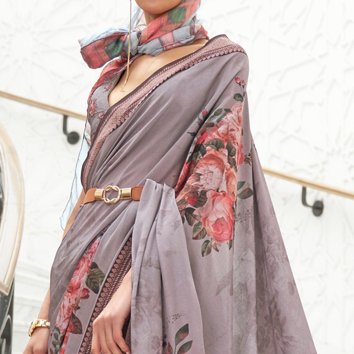 Grey Partywear Floral Digital Printed Silk Saree - Peachmode
