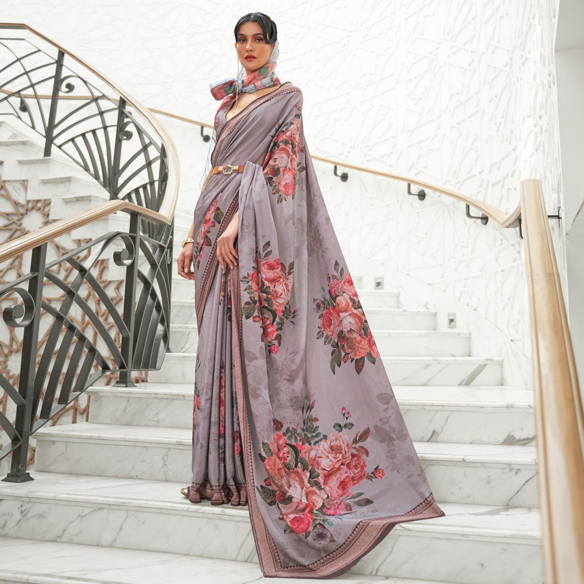 Grey Partywear Floral Digital Printed Silk Saree - Peachmode