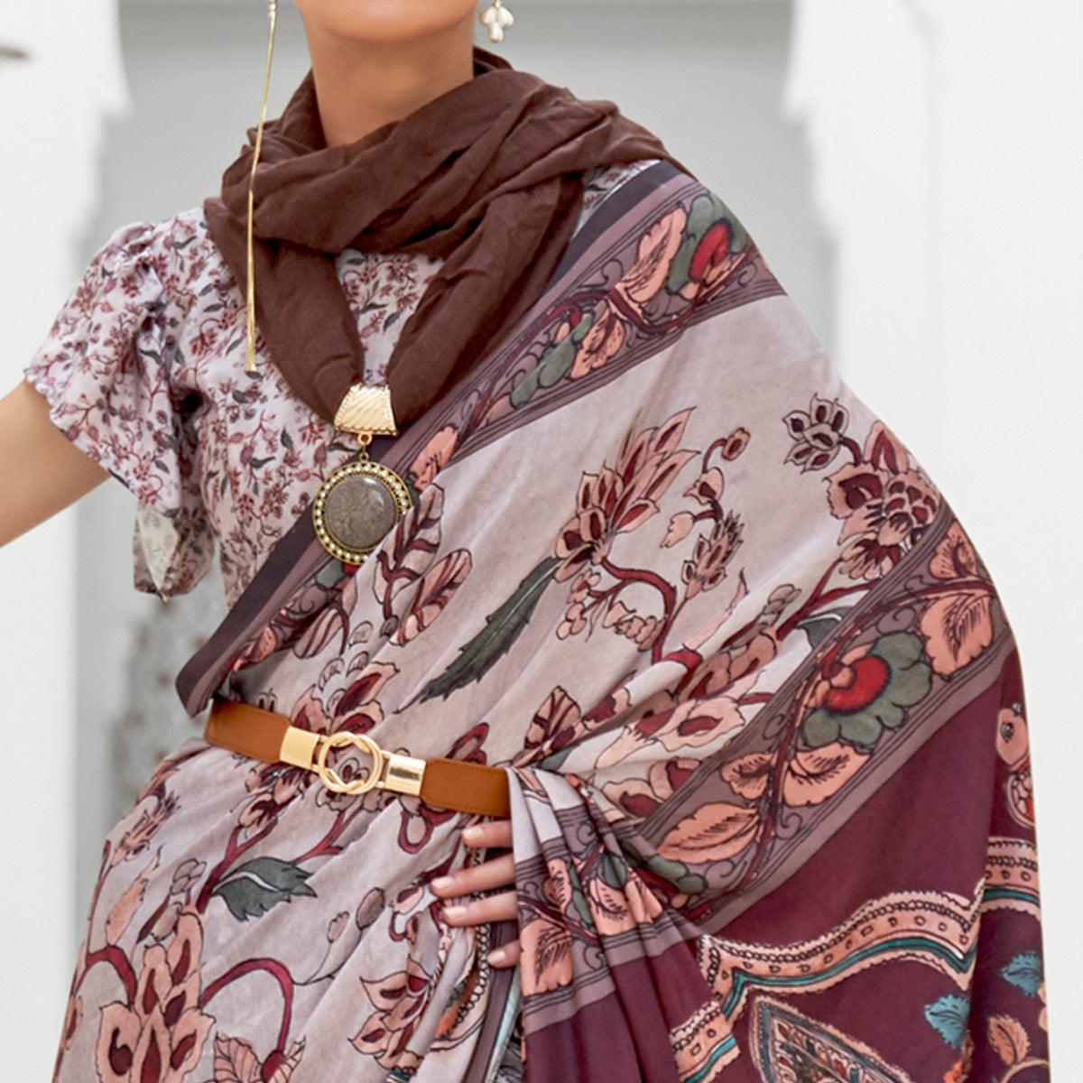 Grey Partywear Floral Digital Printed Silk Saree - Peachmode