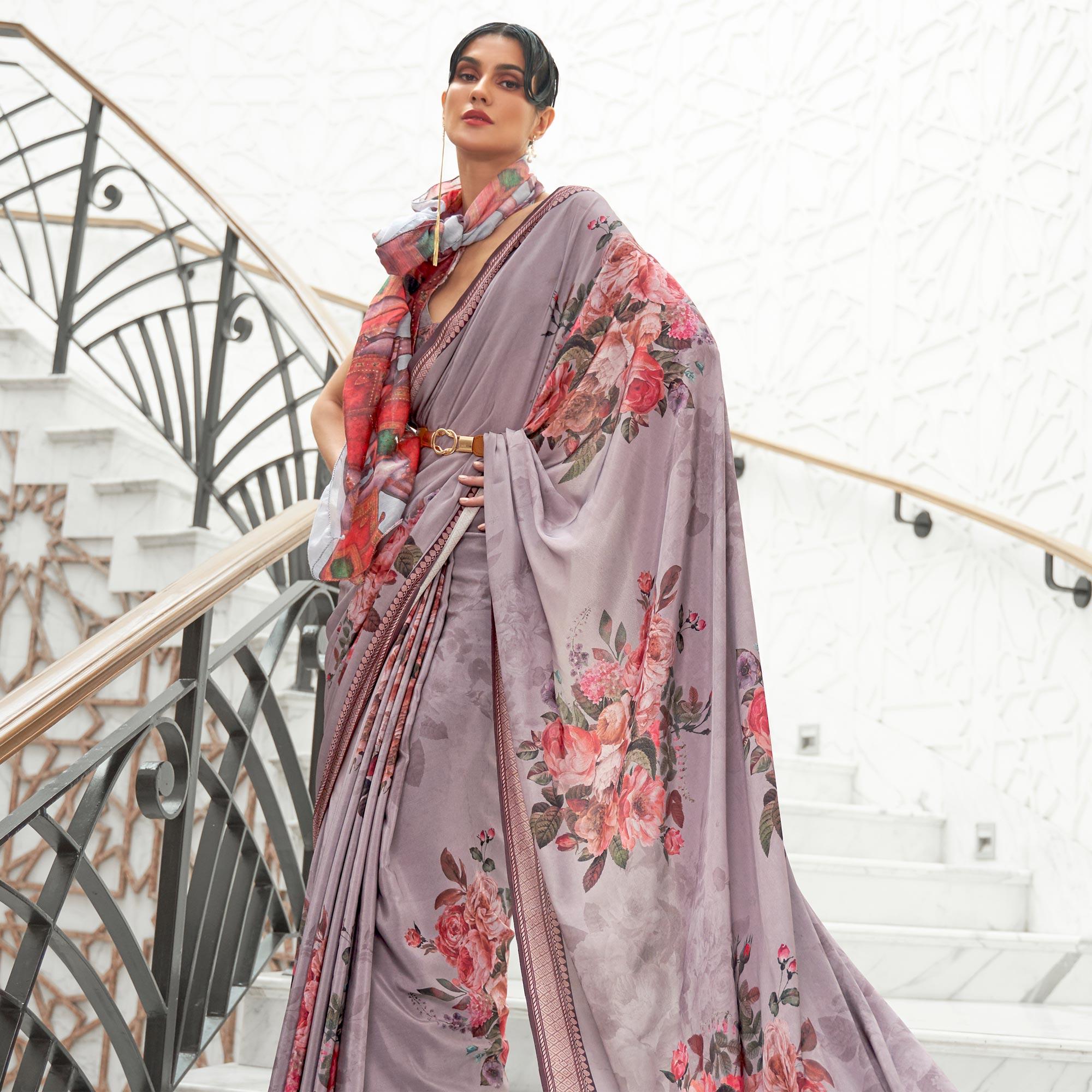 Grey Partywear Floral Digital Printed Silk Saree - Peachmode