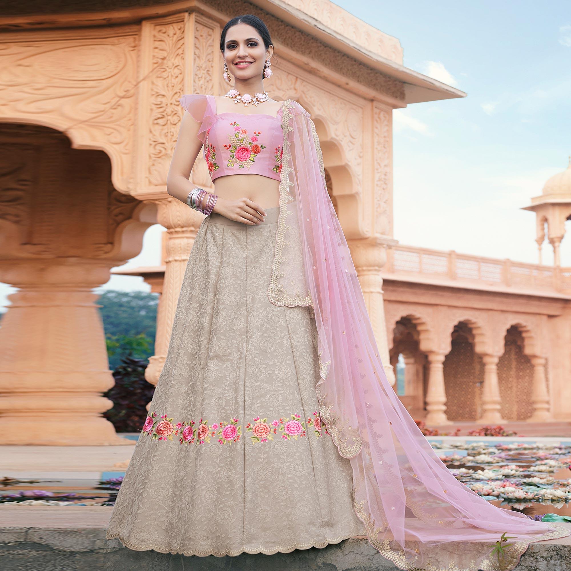 Grey Partywear Floral Embroidered Modal Satin Lehenga Choli - Peachmode