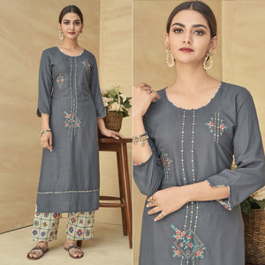 Grey Partywear Floral Embroidered Rayon Kurti Palazzo Set - Peachmode