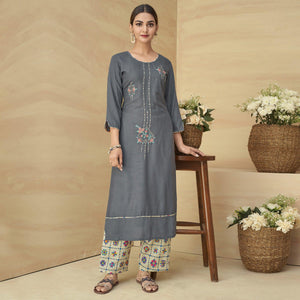 Grey Partywear Floral Embroidered Rayon Kurti Palazzo Set - Peachmode