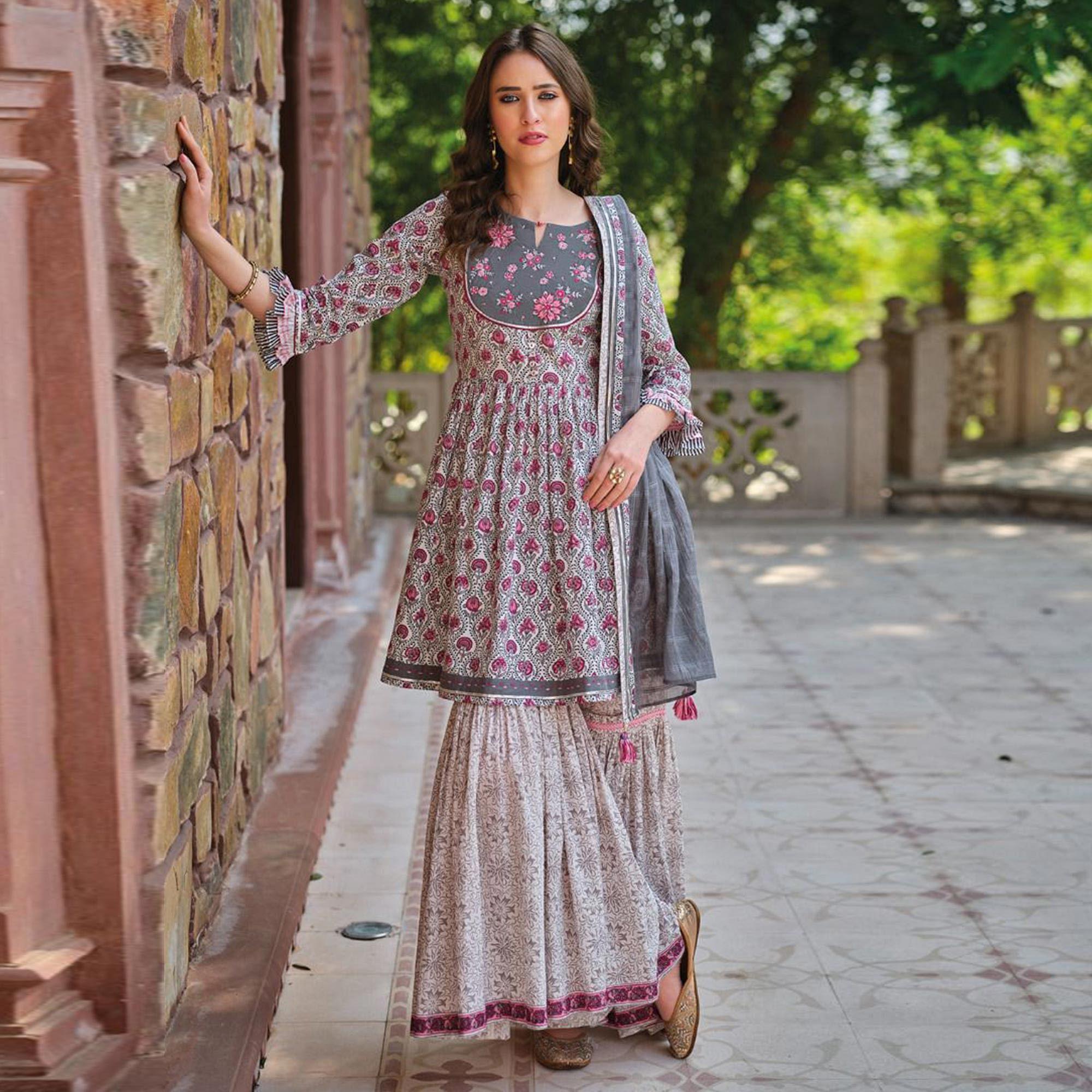 Grey Partywear Floral Printed Cotton Sharara Suit - Peachmode